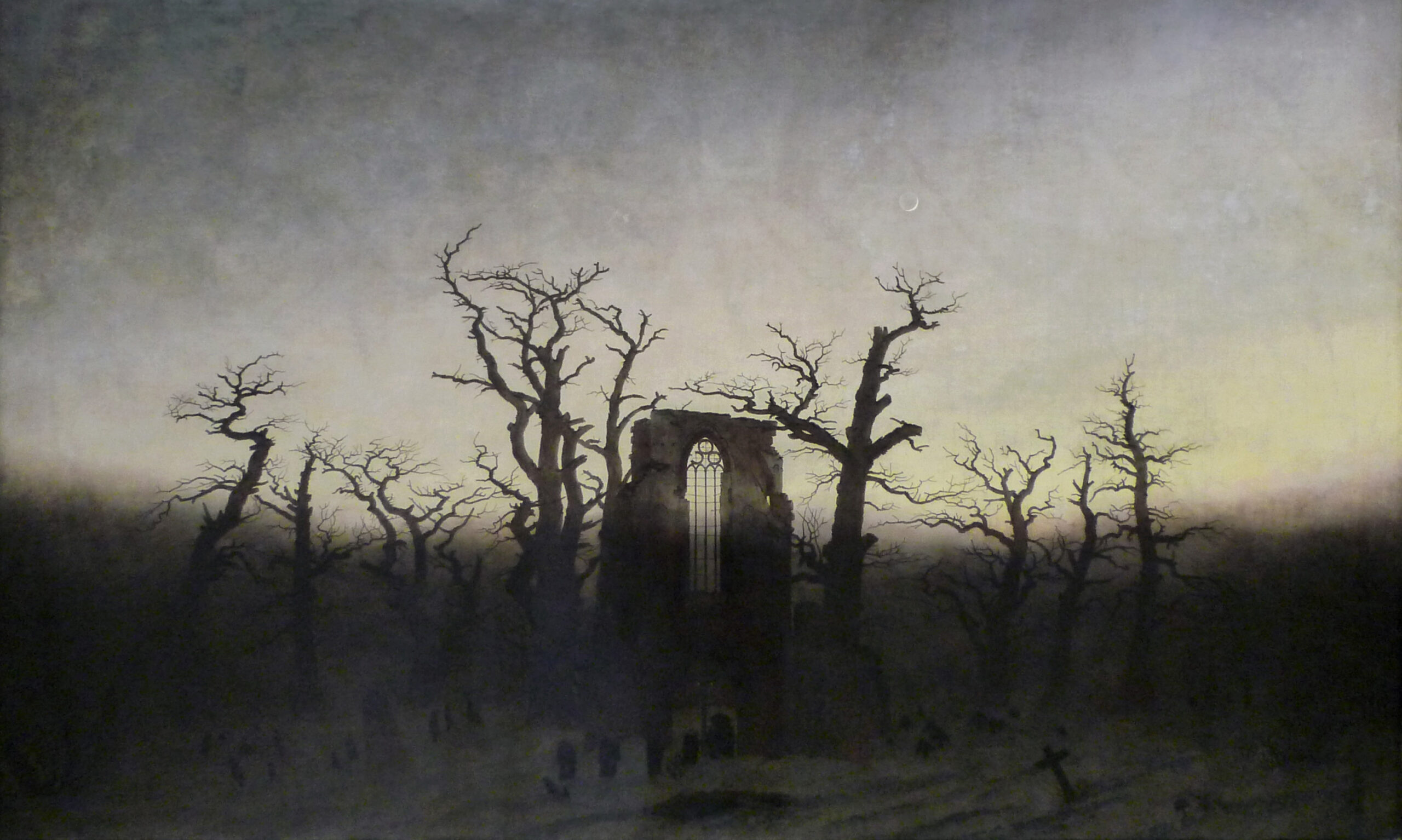 A dark, atmospheric painting depicting a desolate graveyard with leafless trees surrounding a ruined gothic structure. The scene features muted colors with a faint light source creating an eerie, somber mood.