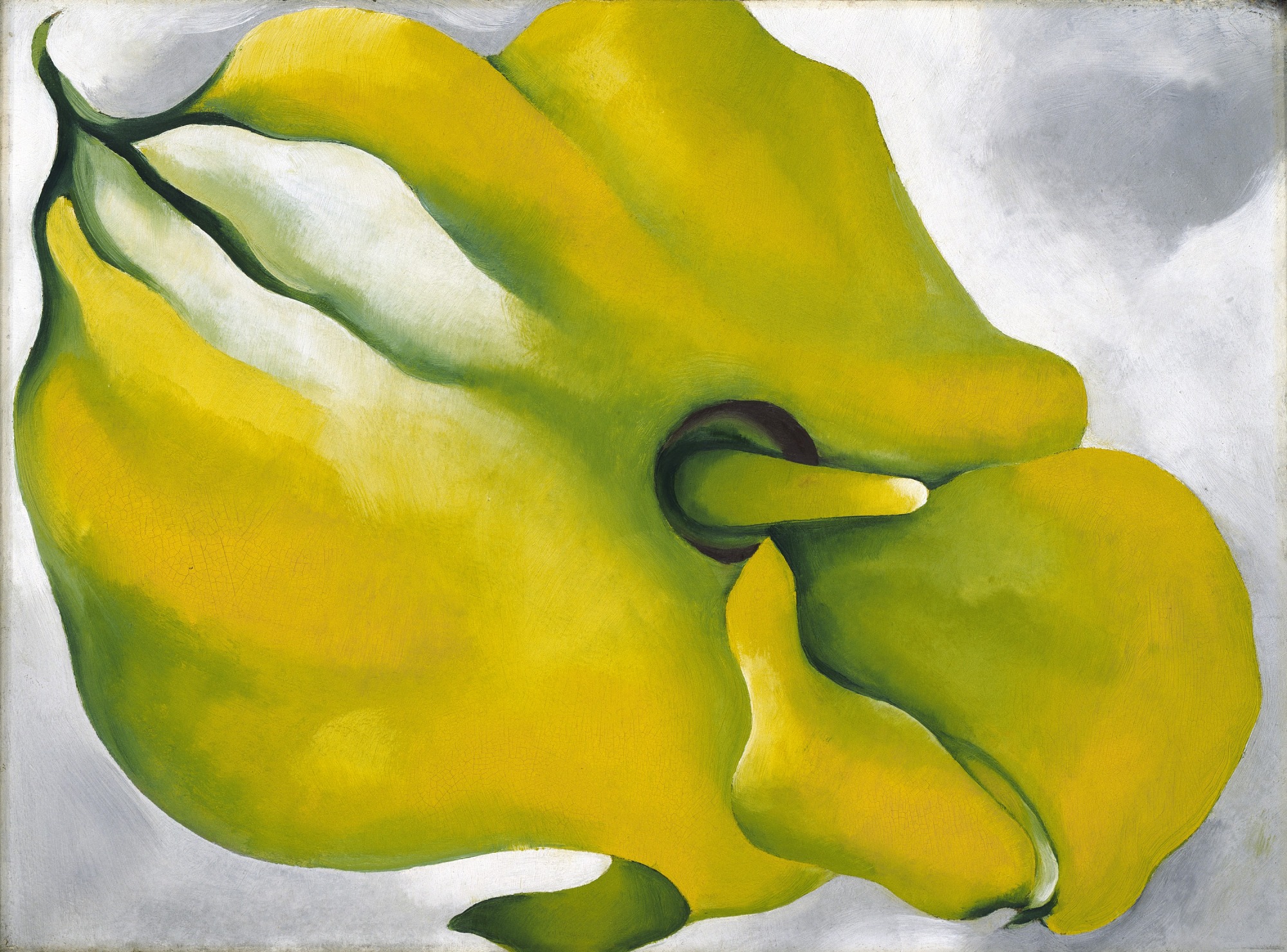 Painting depicting a close-up of a large yellow flower with green accents against a muted gray background. The composition emphasizes organic shapes and smooth color transitions, highlighting the flower's central structure and petal curves.