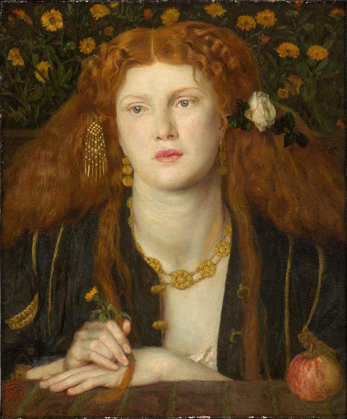 Rossetti, Bocca Baciata (Lips That Have Been Kissed), painting depicting a person with long, wavy red hair adorned with a white flower and gold accessories. The subject wears a dark garment with gold details and holds a small flower, set against a floral background with yellow blossoms.
