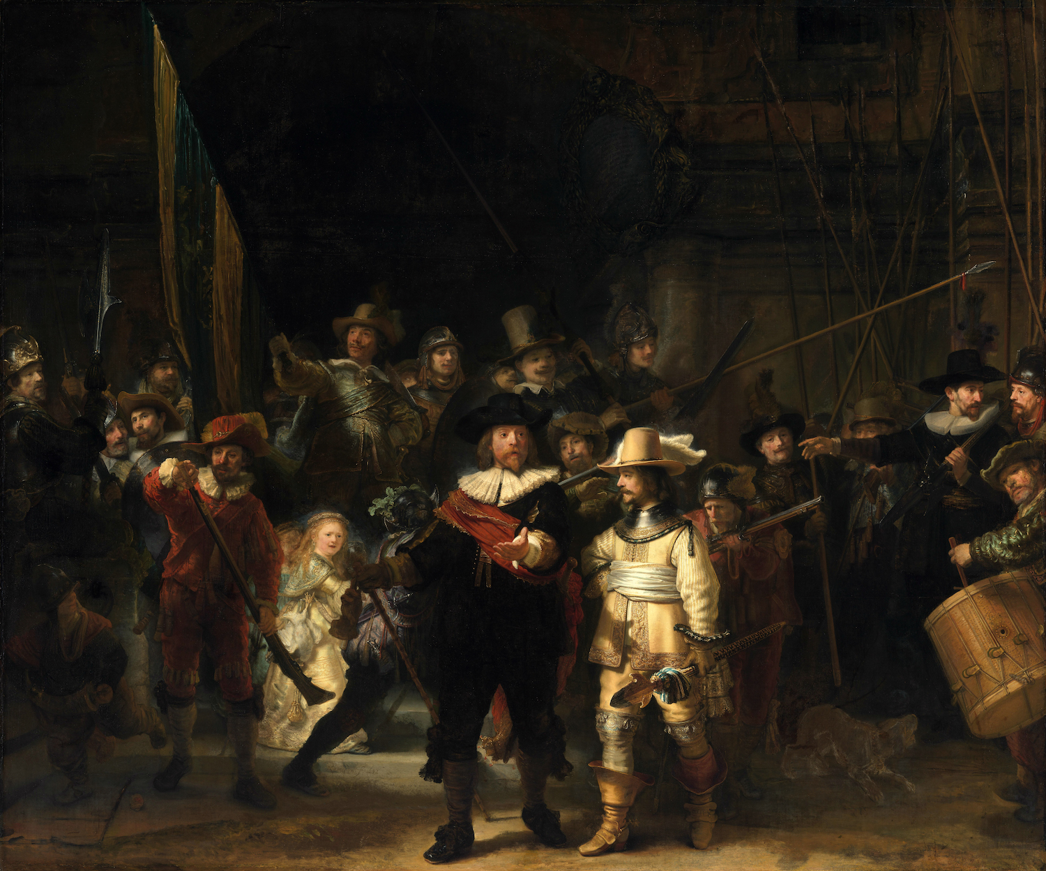 Rembrandt van Rijn, The Night Watch painting depicting a group of armed men, including soldiers and officers, gathered in a dramatic nighttime scene with strong contrasts of light and shadow. Central figures wear elaborate 17th-century attire, with notable elements such as a drummer, flags, and muskets.