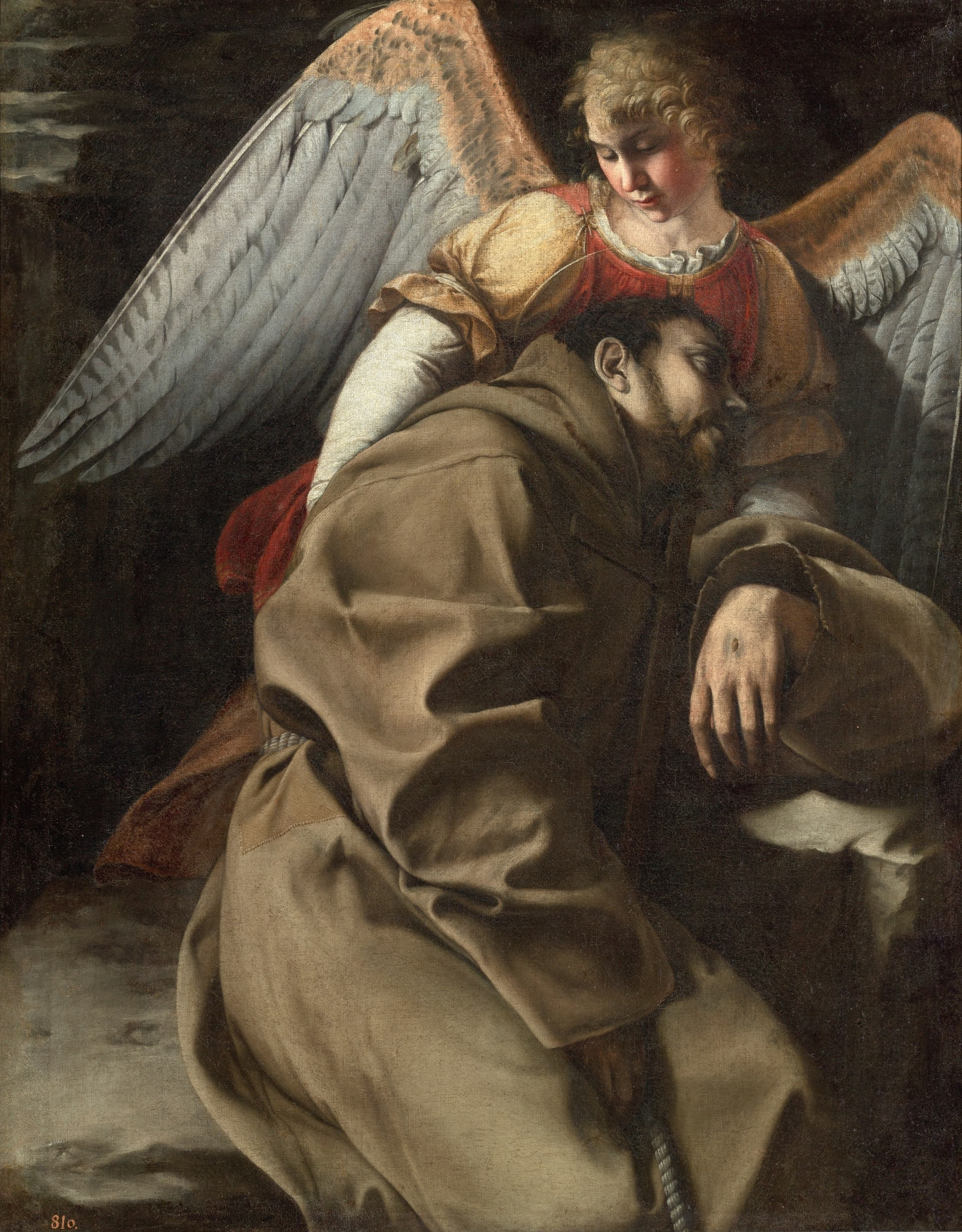 Orazio Gentileschi, Saint Francis in Ecstasy painting depicting a robed figure seated with a large angelic figure standing behind, wings spread wide. The painting features muted earth tones with detailed textures on clothing and feathers.