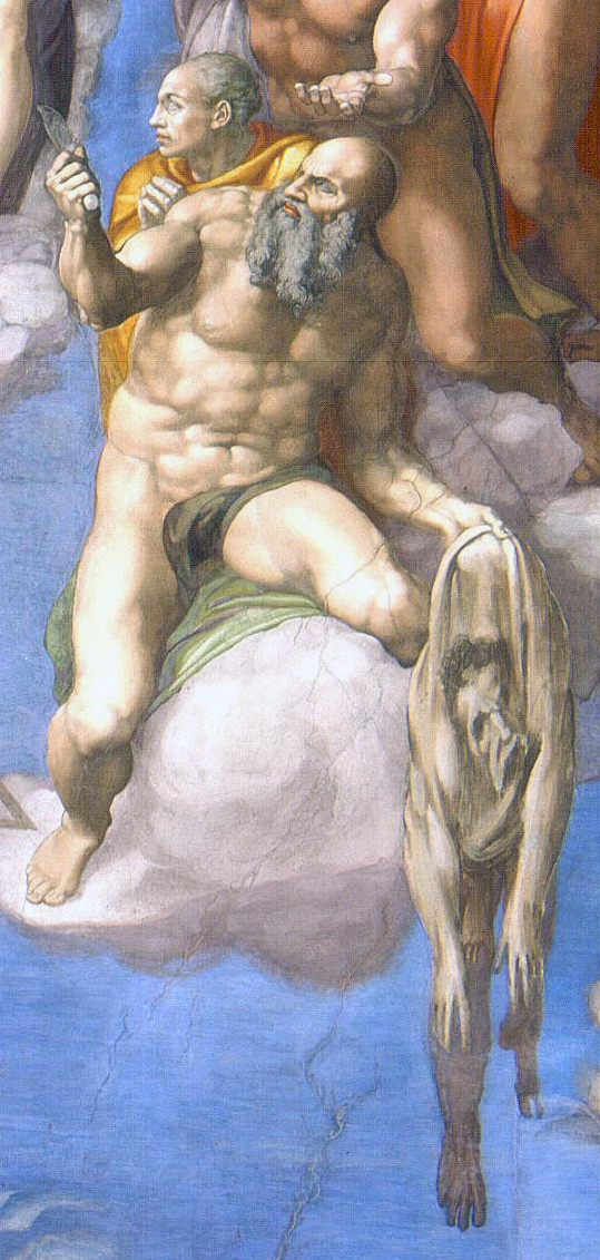 A fresco painting depicting a muscular, bearded man seated on a cloud, holding a skin or pelt and a knife, with two other figures partially visible behind him. The artwork features detailed anatomy, muted earth tones, and a dramatic use of light and shadow to emphasize the figures' forms and expressions.