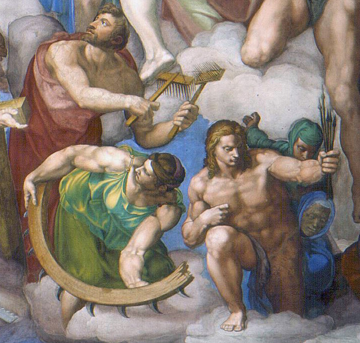 A painting depicting muscular male figures engaged in various activities, set against a cloudy sky background. Key elements include a man in green holding a curved wooden object, another with a rake-like tool, and a central figure with long hair and a muscular build.