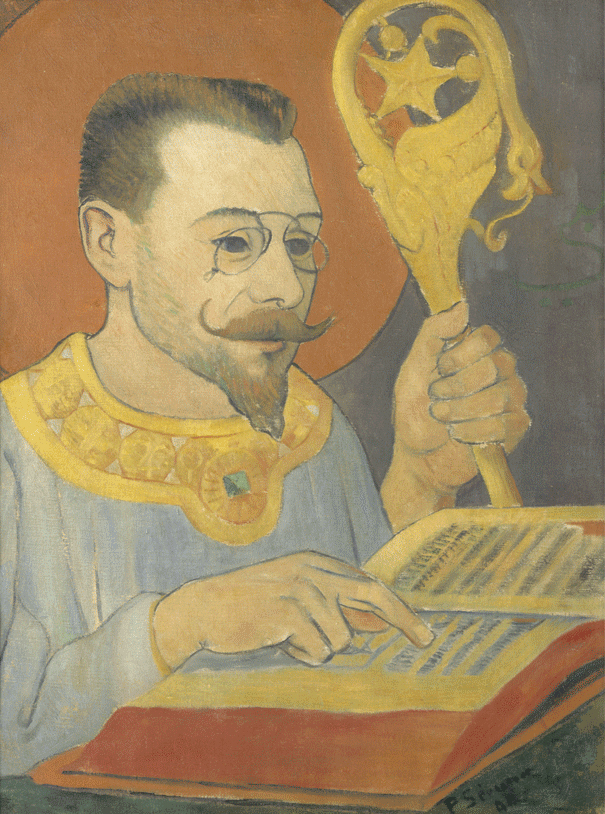 Painting depicting a figure holding a staff with a decorative top and pointing to an open book with hieroglyphic-like text. Warm tones dominate, with detailed patterns on the collar and staff, suggesting a scholarly or religious context.