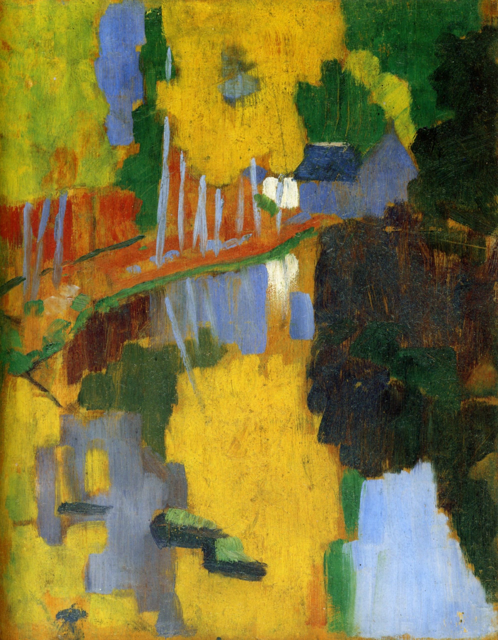 Painting depicting a vibrant autumn landscape with a river reflecting yellow, green, and blue foliage alongside a small house. Bold color blocks and abstract shapes create a striking contrast between natural elements and water reflections.