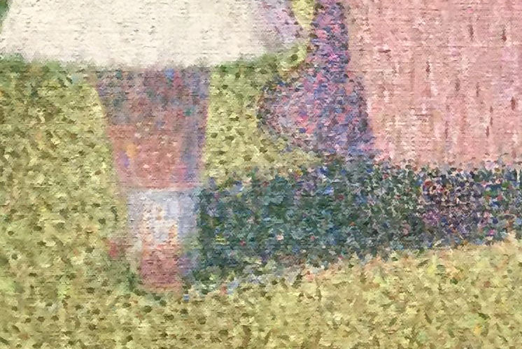Photograph of a detail of pointillism painting showing a close-up of a leg on a grassy surface with a pink and purple background. The artwork uses small, distinct dots of color to create texture and depth, highlighting the post-impressionist technique.