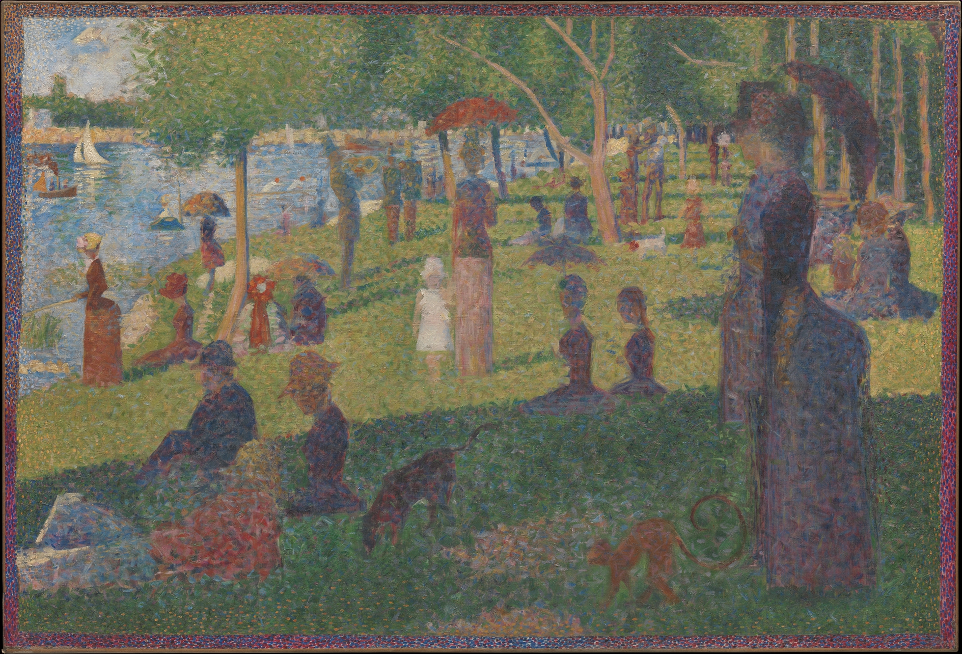 Painting depicting a riverside park scene with numerous people relaxing, walking, and socializing under trees on a sunny day. Pointillist style uses small, distinct dots of color to create detailed figures, boats on water, and shaded areas, highlighting leisure and natural beauty.