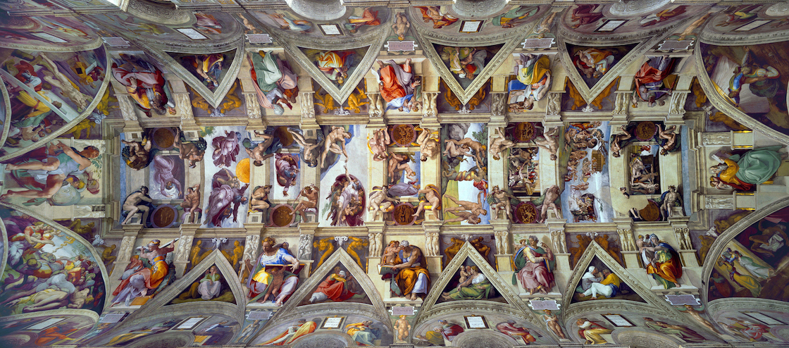 Sistine Chapel ceiling frescoes by Michelangelo, showcasing intricate biblical scenes and figures arranged in a grid-like structure with vibrant colors and detailed human forms. Key elements include central panels depicting stories from Genesis, surrounded by prophets, sibyls, and decorative architectural motifs.