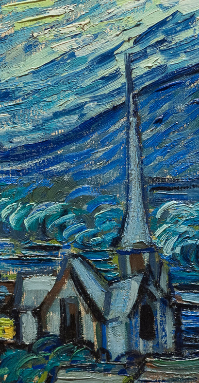 Detail of van Gogh's Starry Night depicting a church with a tall steeple under a swirling, textured night sky in shades of blue and green. The artwork uses thick, expressive brushstrokes to create dynamic movement and contrast between the solid structure of the church and the vibrant sky.