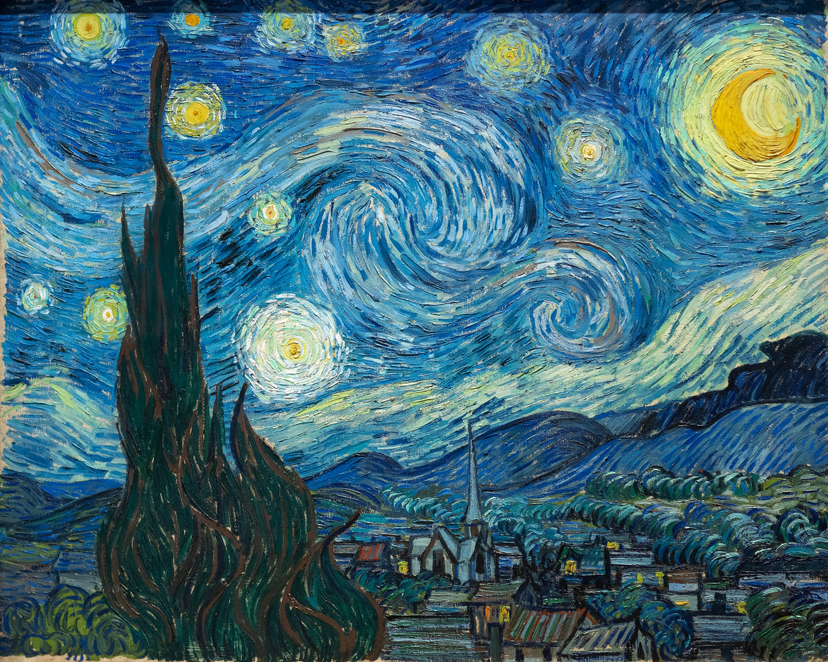 A painting depicting a night sky filled with swirling stars, a bright crescent moon, and dynamic cloud patterns above a quiet village with a prominent church steeple. The composition features bold, textured brushstrokes in vibrant blues, yellows, and greens, highlighting movement and emotional intensity.