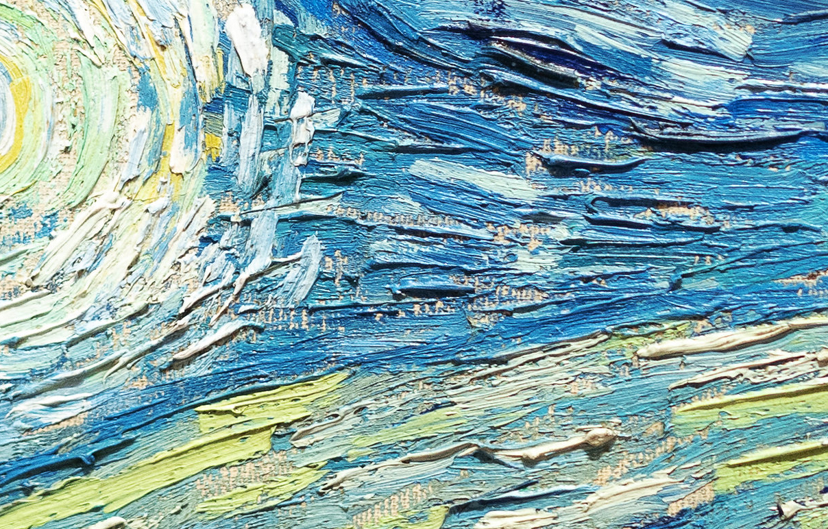 Close-up photograph of an oil painting showing thick, textured brushstrokes in swirling patterns of blue, yellow, and white. The composition highlights dynamic movement and vibrant color contrasts, suggesting a portion of a sky or water scene with energetic, layered paint application.