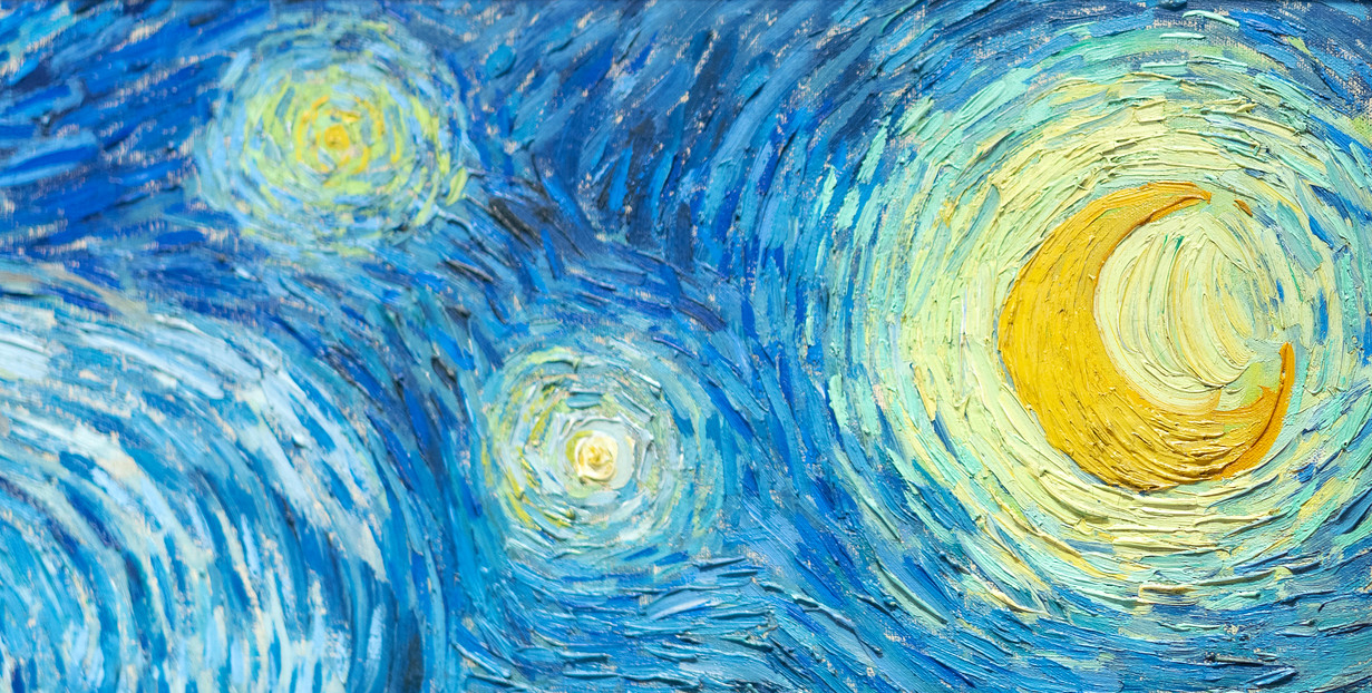 Detail of van Gogh's Starry Night featuring swirling blue and yellow brushstrokes representing a night sky with stars and a crescent moon. The composition highlights dynamic movement through textured, circular patterns and vibrant color contrasts.