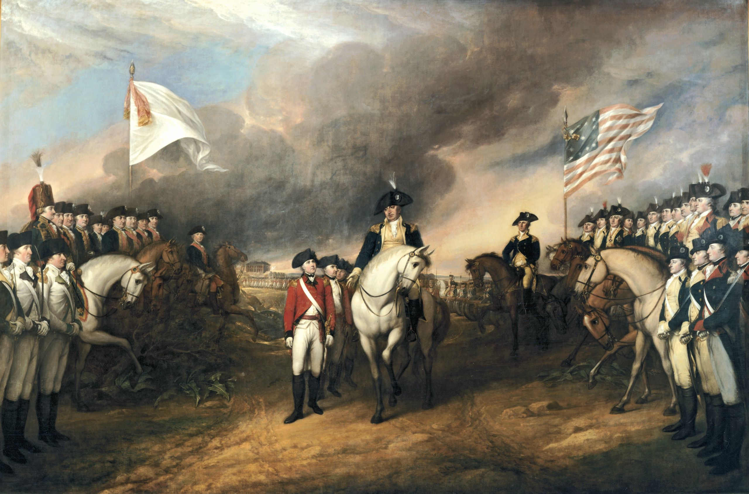 John Trumbull, Surrender of Lord Cornwallis, painting depicting a historic military scene showing British and American forces during a surrender event from the American Revolutionary War. Central figures on horseback are surrounded by soldiers in period uniforms, with British and American flags prominently displayed against a dramatic sky.