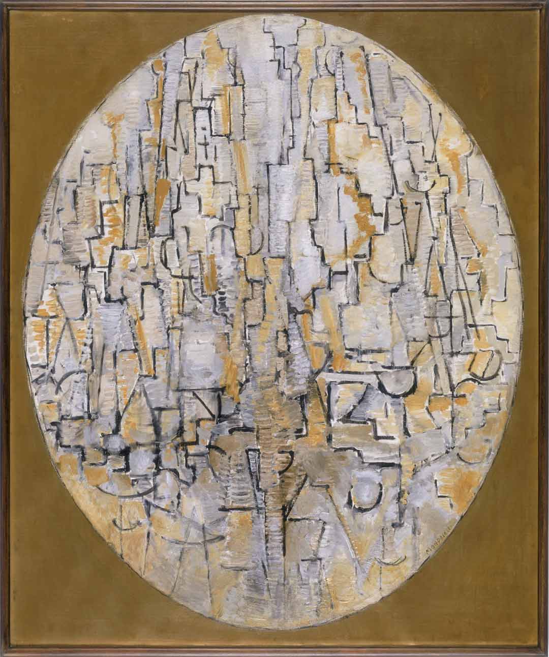 Abstract painting features an oval shape filled with fragmented geometric forms and lines in muted tones of white, beige, and gray against an olive-brown background. The composition suggests a textured, layered surface with intersecting shapes and subtle shading, evoking a sense of depth and complexity.