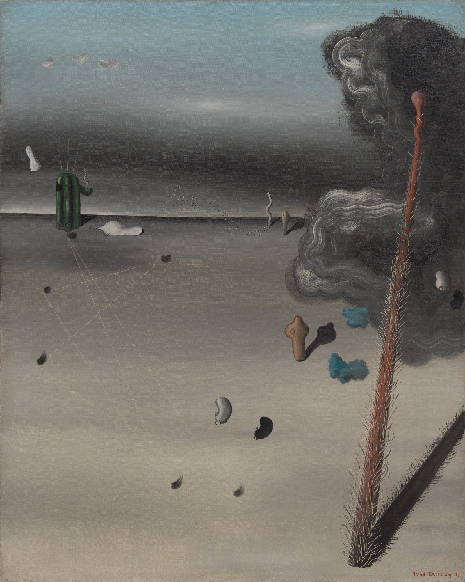 Surrealist painting depicting an abstract landscape with a tall, spiky, reddish-brown plant casting a long shadow on the right and a green, insect-like figure on the left. The background features a gradient sky from blue to dark gray, scattered amorphous shapes, and fine lines connecting some elements, creating a dreamlike, mysterious atmosphere.