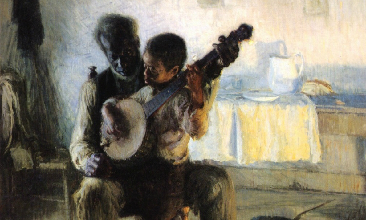 Detail, Tanner, The Banjo Lesson, painting depicting an elderly man teaching a young child to play a banjo, capturing a moment of shared musical learning and bonding. The scene is set indoors with muted, earthy tones, highlighting the figures against a softly lit background featuring a table with a pitcher and bread.