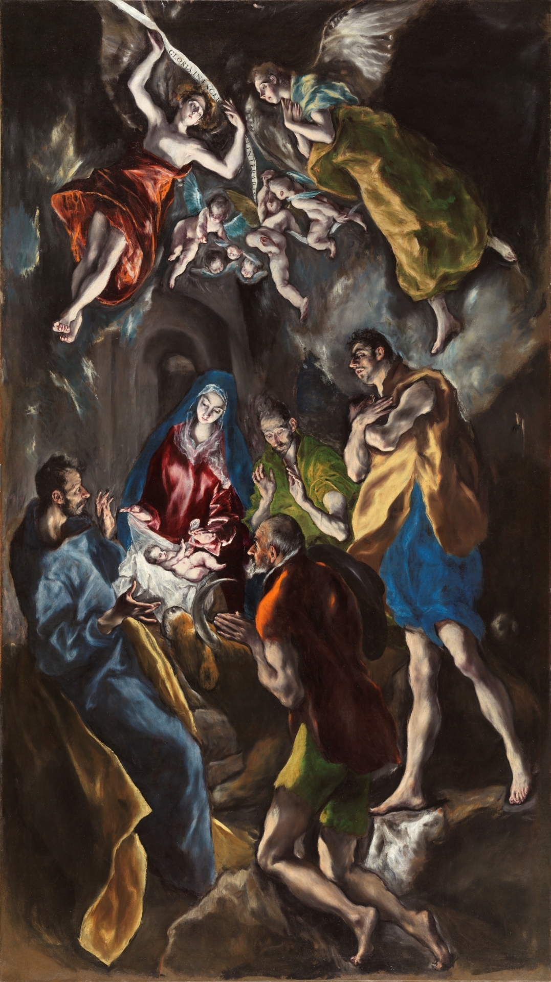 El Greco (Domenikos Theotokopoulos), Adoration of the Shepherds painting depicting the Nativity scene with Mary holding baby Jesus surrounded by adoring figures and angels above. The composition uses dramatic lighting and rich colors like red, blue, green, and yellow to highlight key figures and create a sense of divine presence.