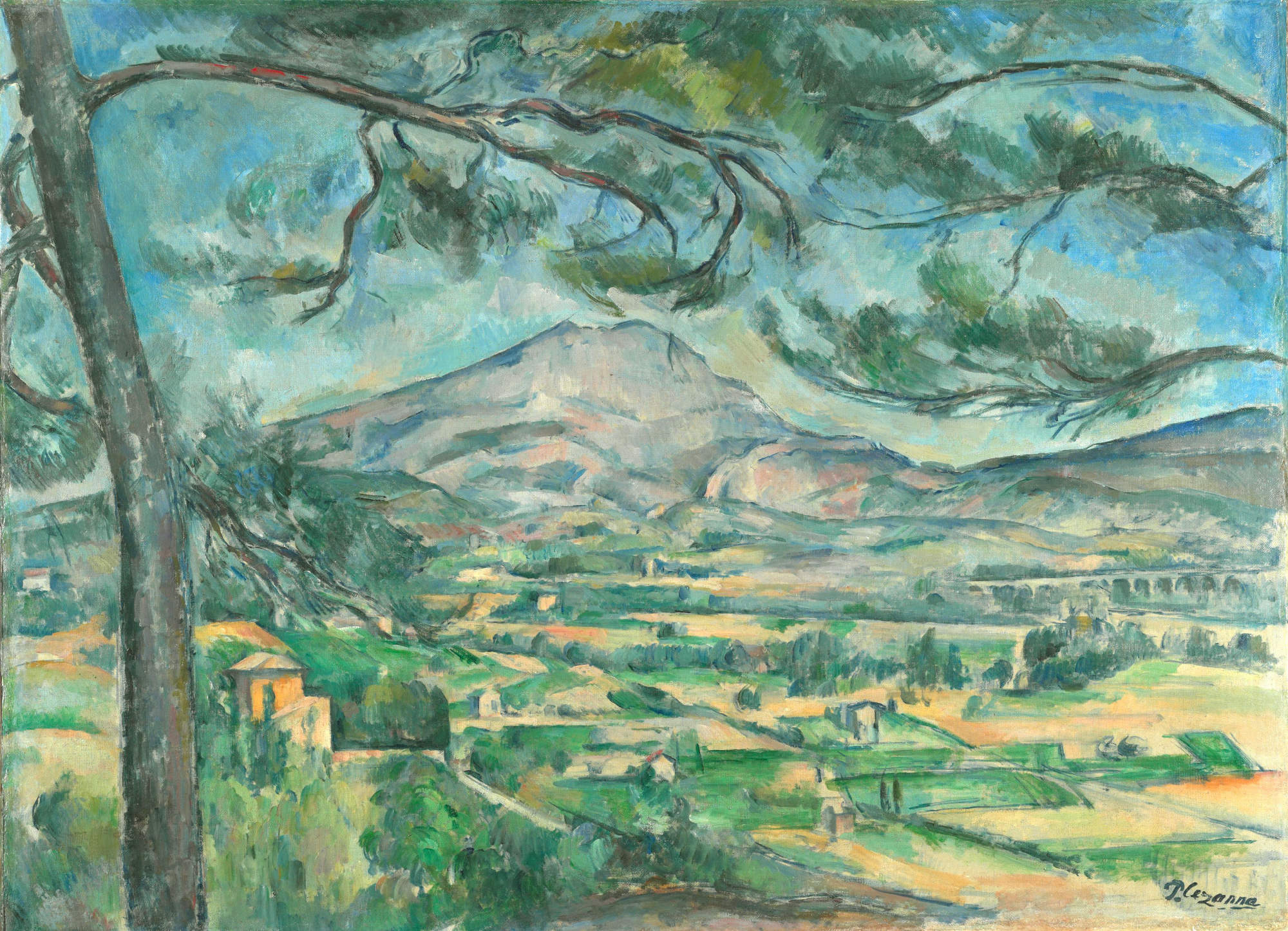 Painting depicting a rural landscape with a large tree in the foreground and a mountain in the background. The scene features soft, muted colors with visible brushstrokes highlighting fields, buildings, and a distant aqueduct under a partly cloudy sky.