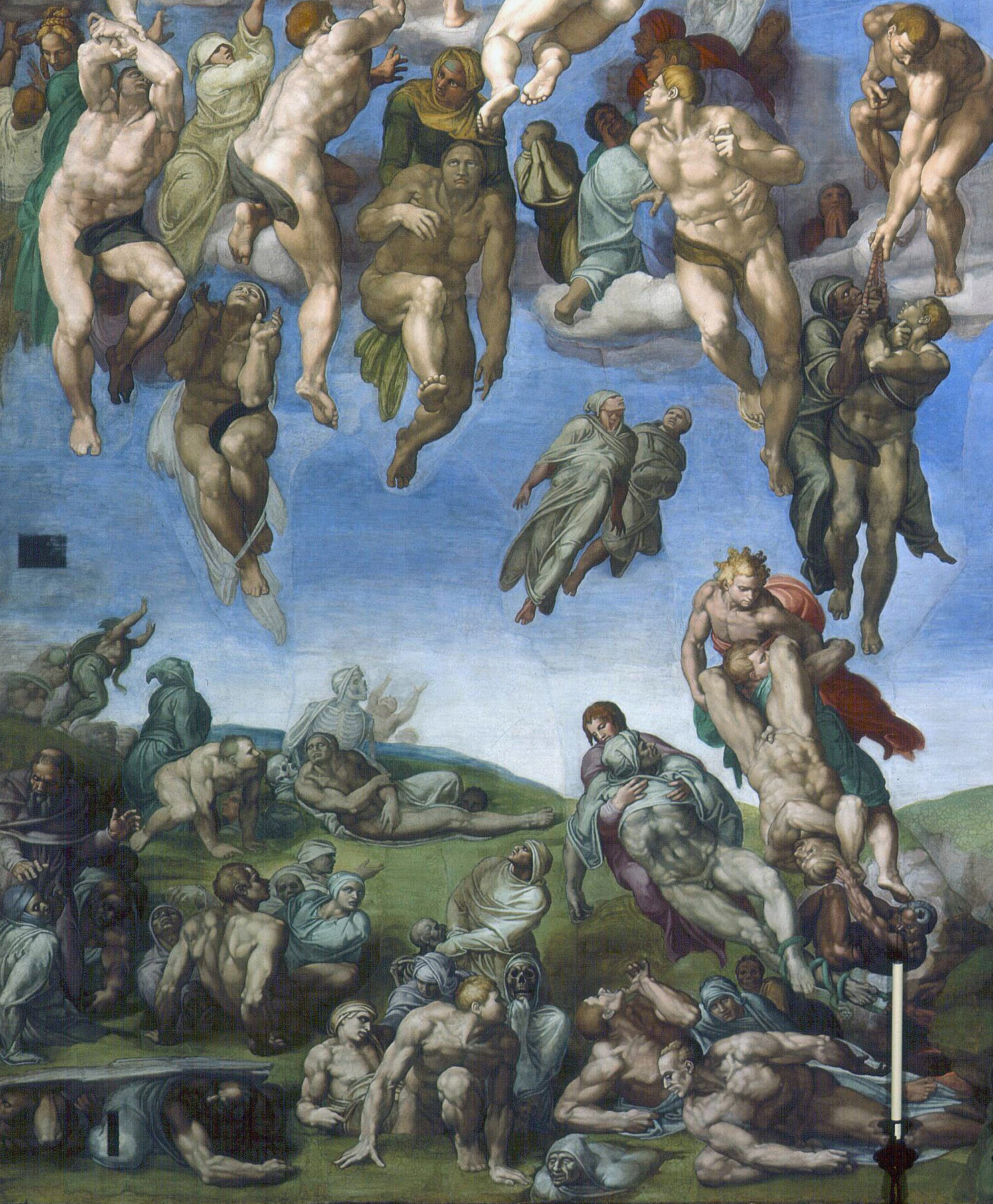 The dead rise from their graves and float to heaven, some assisted by angels. In the upper right, a couple is pulled to heaven on rosary beads, and just below that a risen body is caught in violent tug of war (detail), Michelangelo, Last Judgment