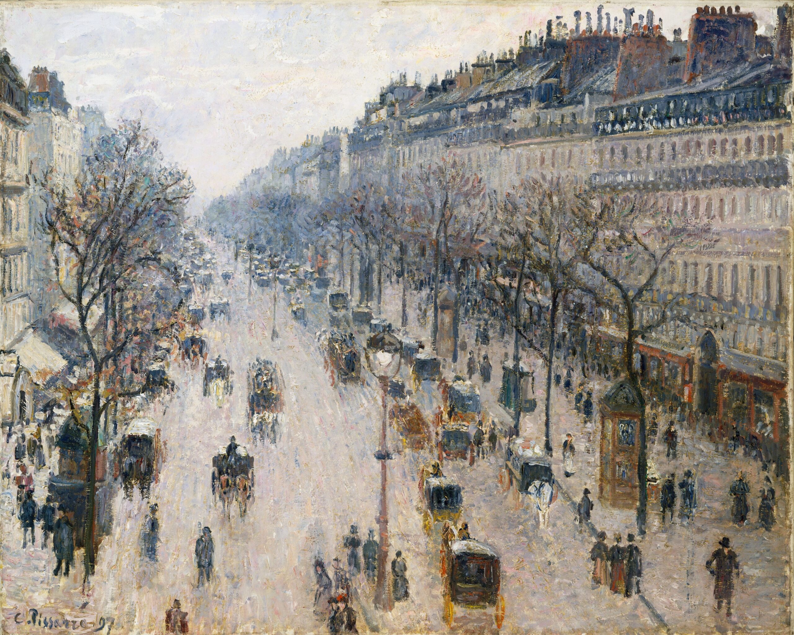 Pissarro, The Boulevard Montmartre on a Winter Morning Impressionist painting depicting a busy Parisian street scene with horse-drawn carriages, pedestrians, and leafless trees lining both sides of the wide avenue. Soft, muted colors and loose brushstrokes create a hazy atmosphere, capturing movement and daily life in the late 19th-century urban setting.