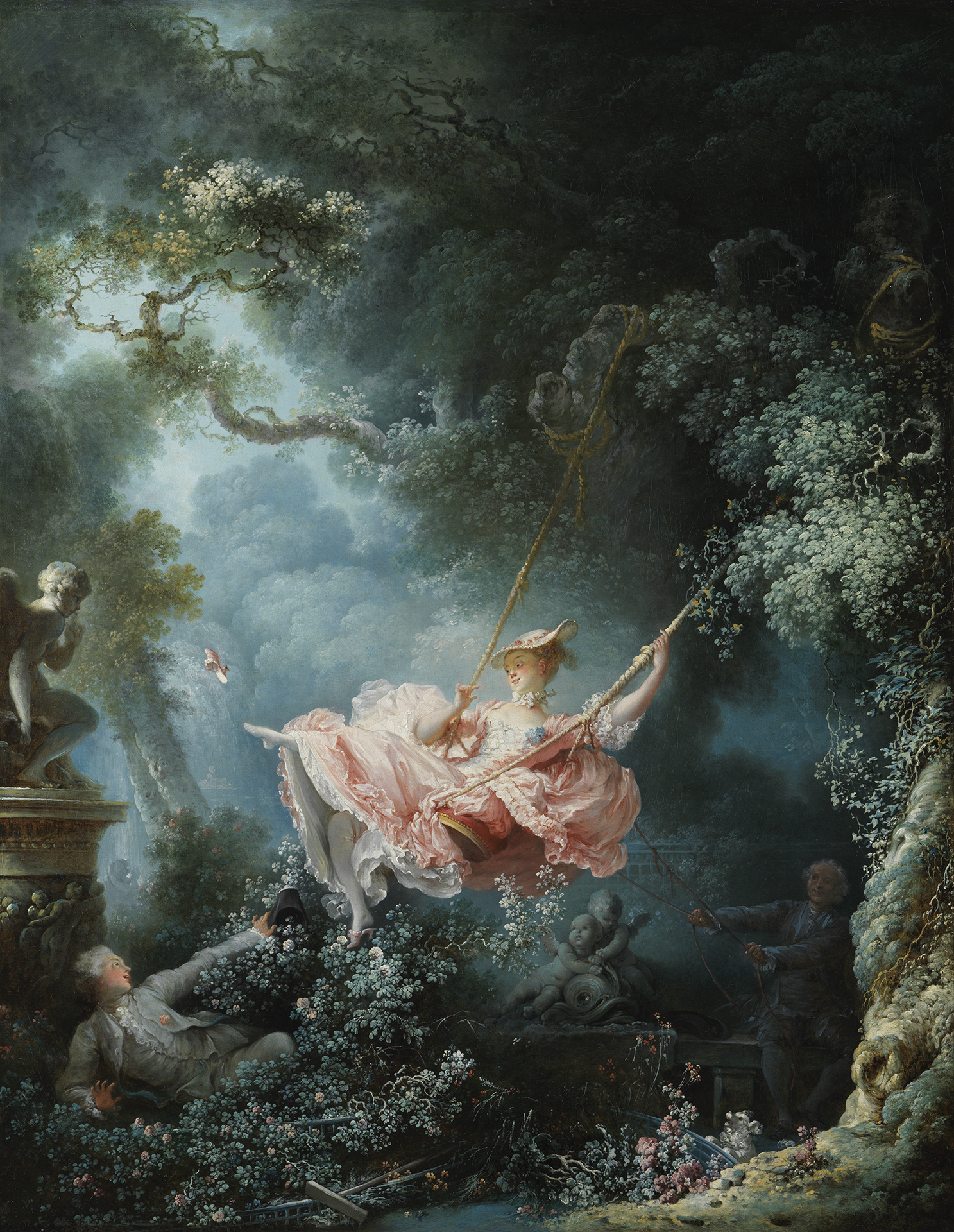 Fragonard, The Swing Rococo-style painting depicting a young woman in a pink dress swinging from a tree branch in a lush garden, surrounded by figures including a man hiding in bushes and another observing from the shadows. The scene features vibrant foliage, soft lighting, and playful, romantic elements typical of 18th-century French art.