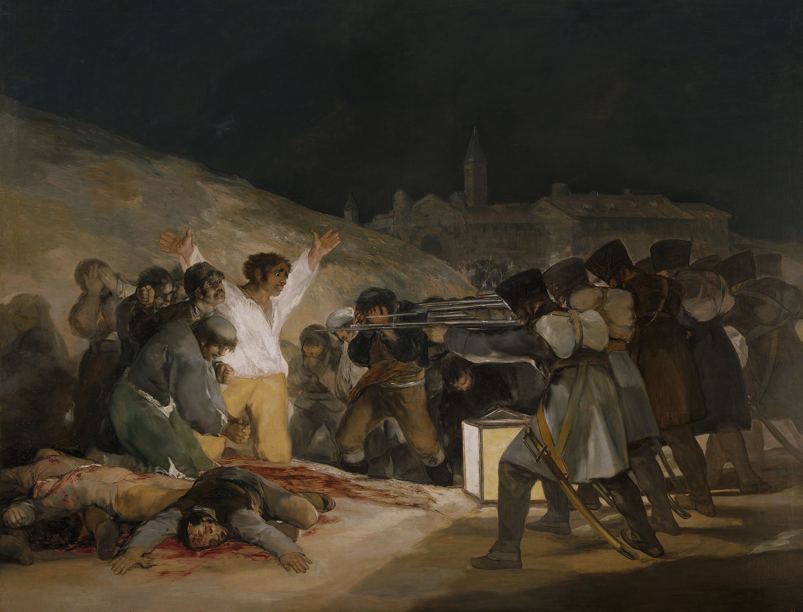 Goya's, The Third of May shows a group of unarmed people being prepared for execution by an anonymous group of gunmen. Loose brushwork and a dark atmosphere create a sense of a dread.