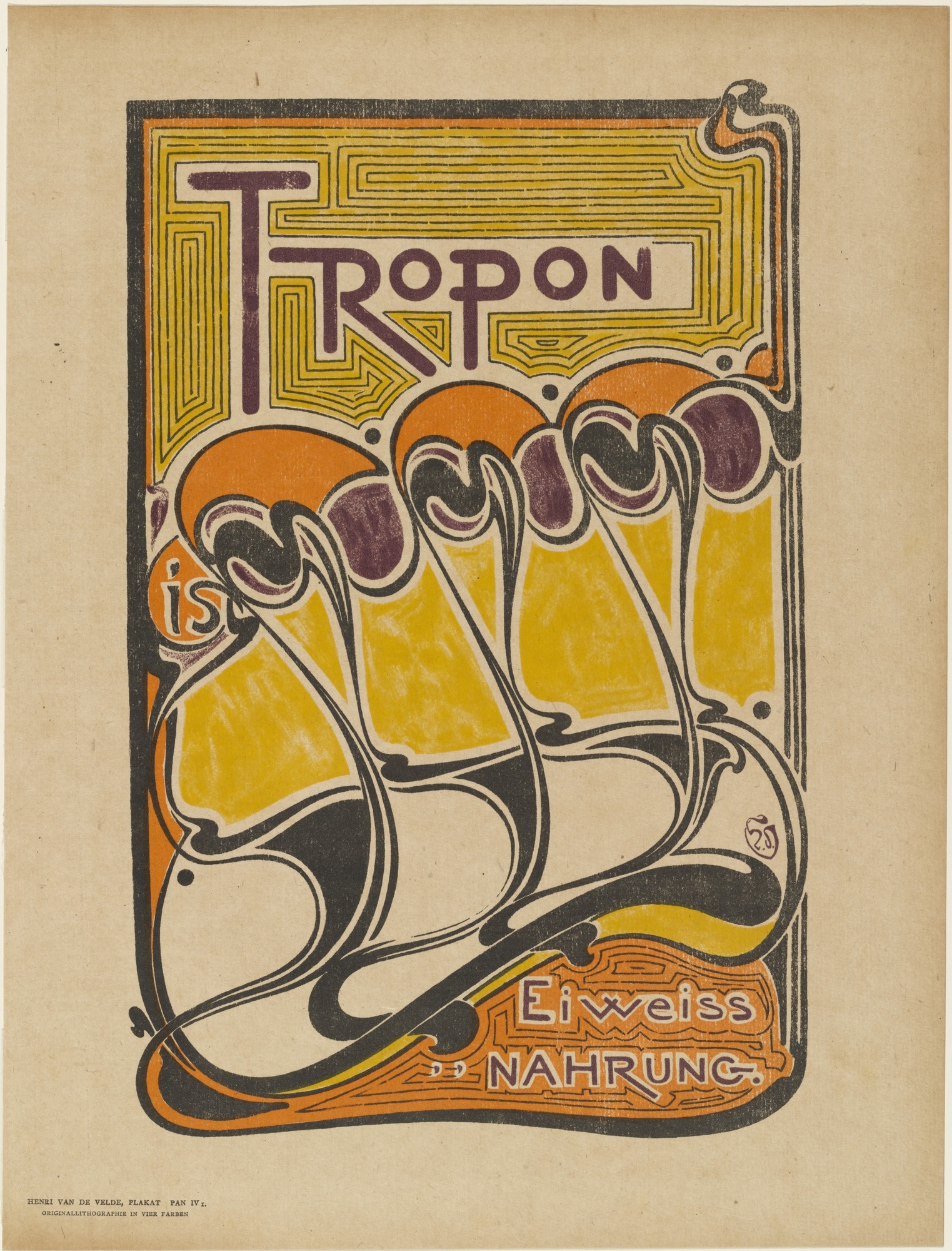 Poster artwork featuring stylized, repeated abstract shapes in yellow, orange, black, and purple with text "Tropon is Eiweiss Nahrung." Design uses bold lines and geometric patterns to create a visually striking composition.