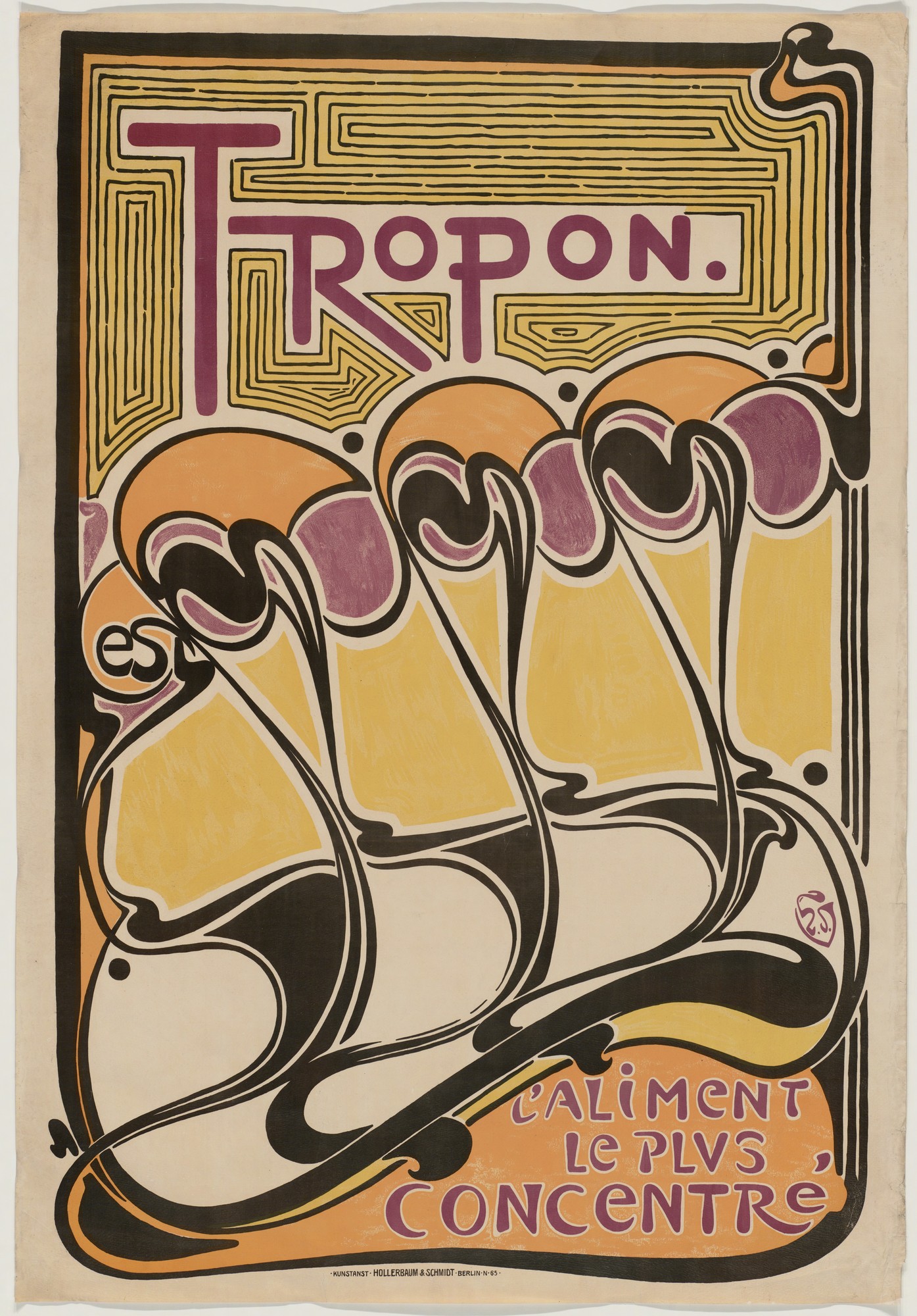 A vintage advertisement poster featuring stylized flamingos in shades of orange, yellow, and purple with bold black outlines. Text highlights "TROPOON" and "L'aliment le plus concentré," emphasizing a concentrated food product with an Art Nouveau design and intricate line patterns.