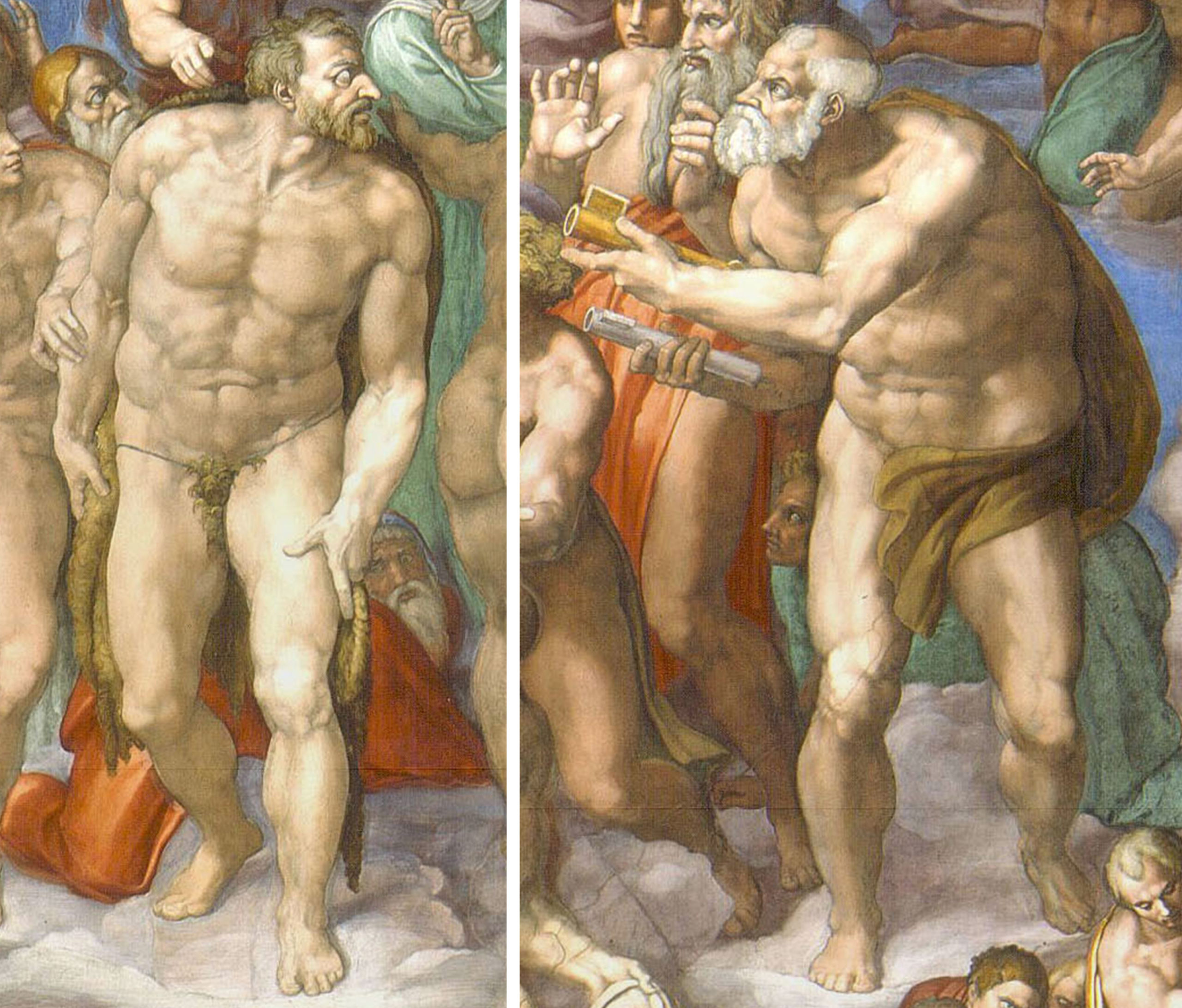 Side by side detail images of a fresco depicting muscular, bearded men engaged in animated discussion, with one holding a book and scrolls. The artwork features detailed human anatomy, earthy tones, and dynamic poses.