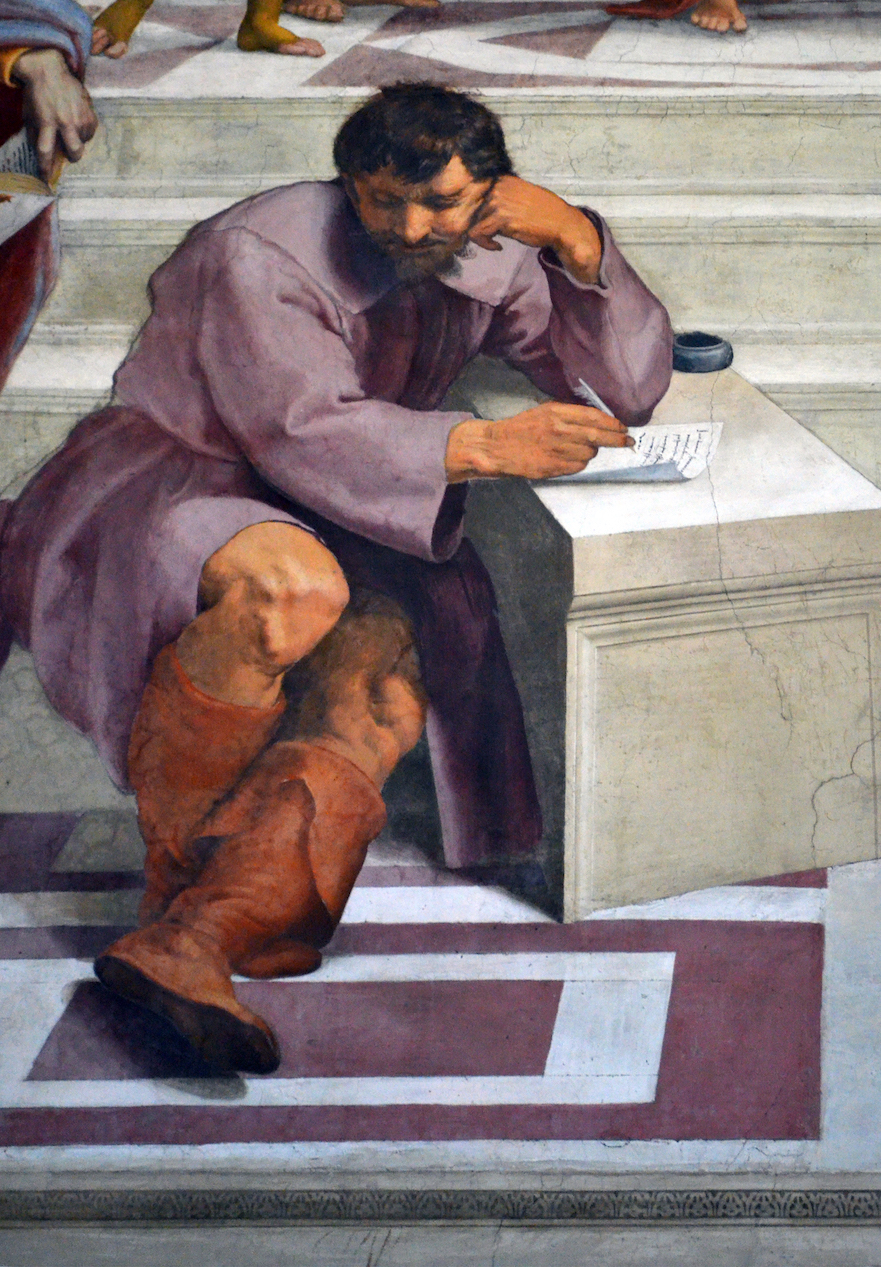 A photograph of a classical painting depicting a seated man in a purple robe and brown boots, writing on a piece of paper placed on a stone desk. The scene highlights detailed textures of clothing and architecture, emphasizing contemplative posture and historical artistic style.