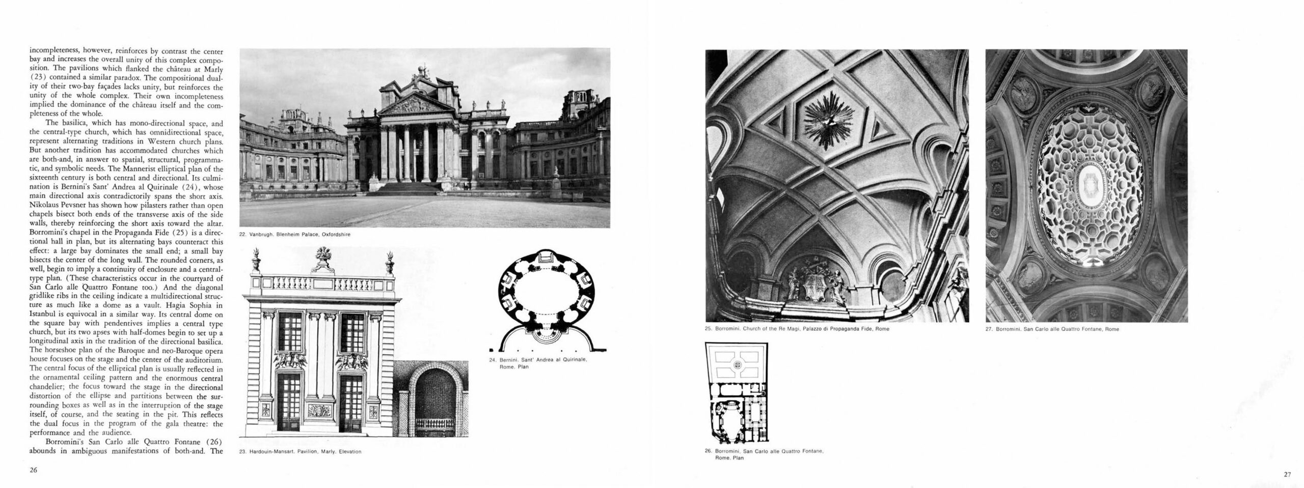 A black and white photograph collage and architectural text page showcasing classical building facades, detailed ceiling designs, and structural plans. The layout includes labeled images of columns, arches, and ornamental ceilings.