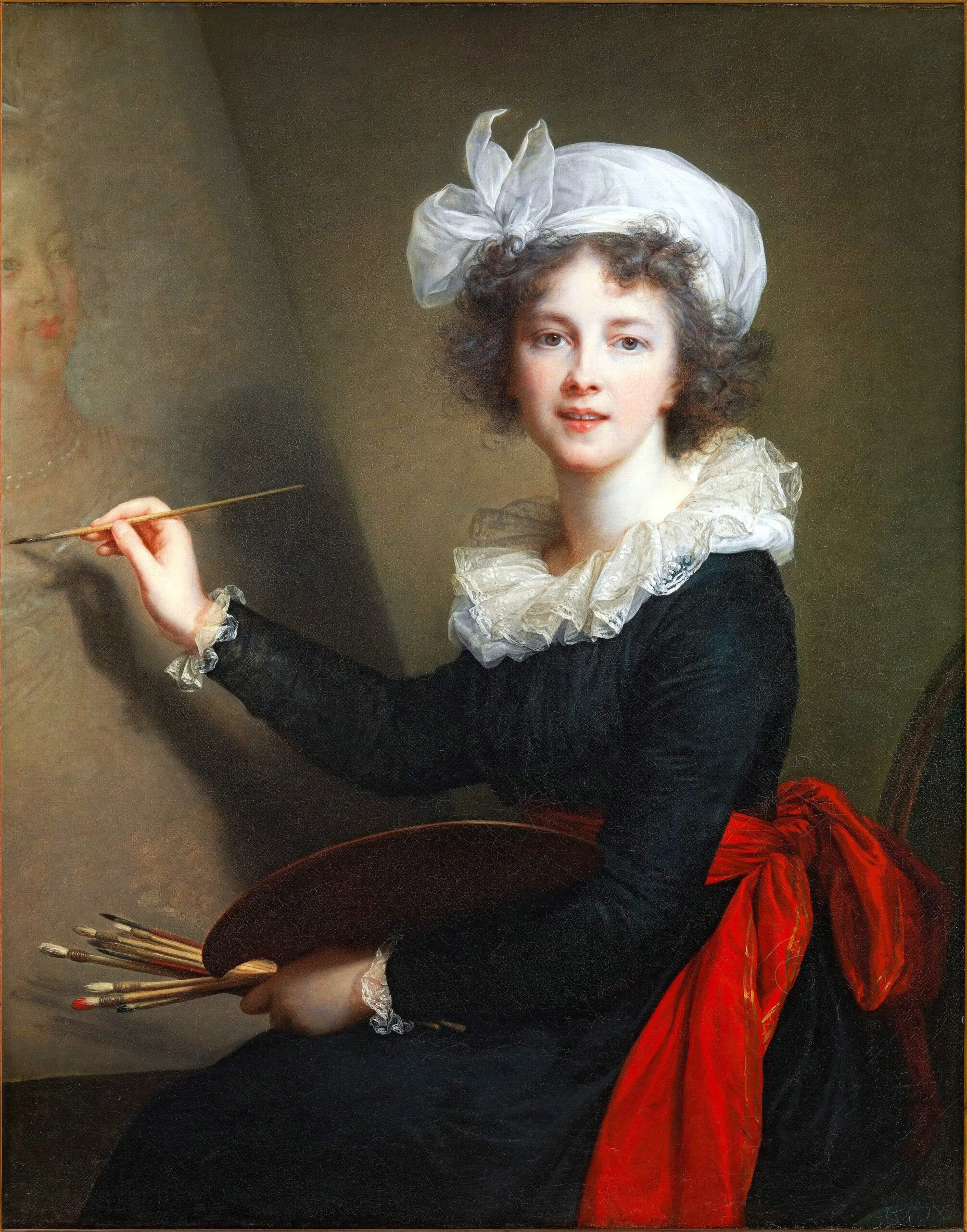 Élisabeth Louise Vigée Le Brun, Self-Portrait depicts a woman artist seated, holding a palette and brushes, painting a faint figure on a canvas. The woman wears a dark dress with a large red bow at the waist and a white ruffled collar and cap.