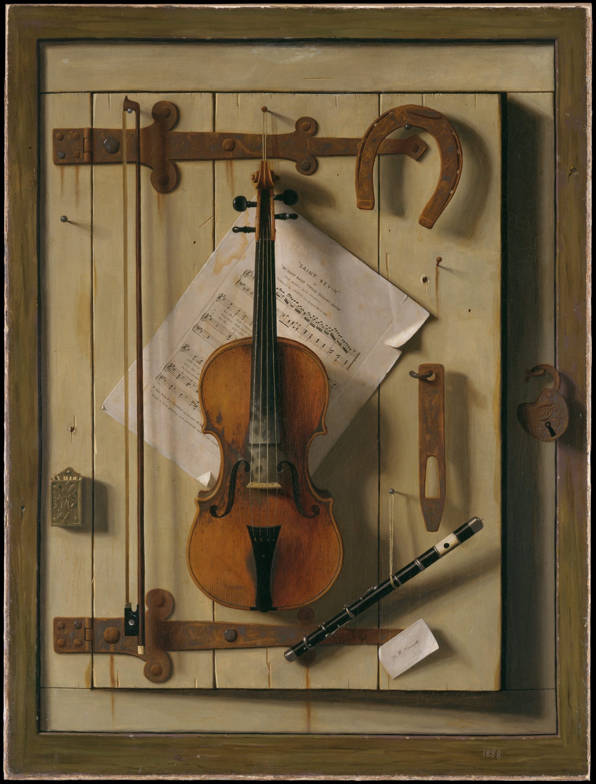 A still life painting depicting a violin, bow, flute, horseshoe, and sheet music arranged on a wooden panel with metal hinges and nails. The composition highlights textures and shadows, emphasizing musical and rustic elements with muted earth tones and detailed craftsmanship.