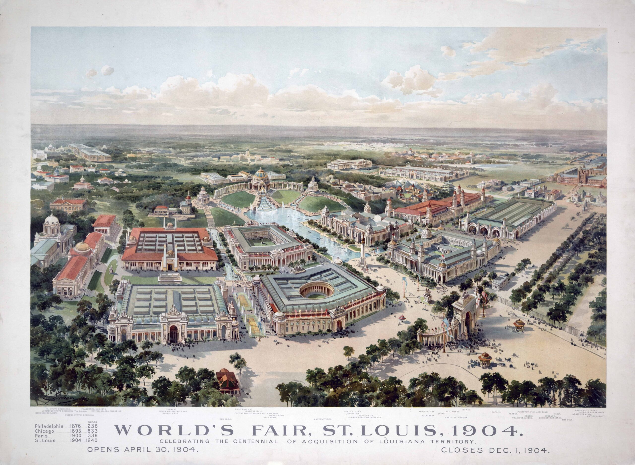 A colored lithograph map depicting World's Fair in St. Louis, 1904, showcasing various exhibition buildings, waterways, and landscaped grounds arranged symmetrically. Key architectural structures are labeled, with a central lagoon and pathways highlighted, celebrating the centennial of Louisiana Territory acquisition.