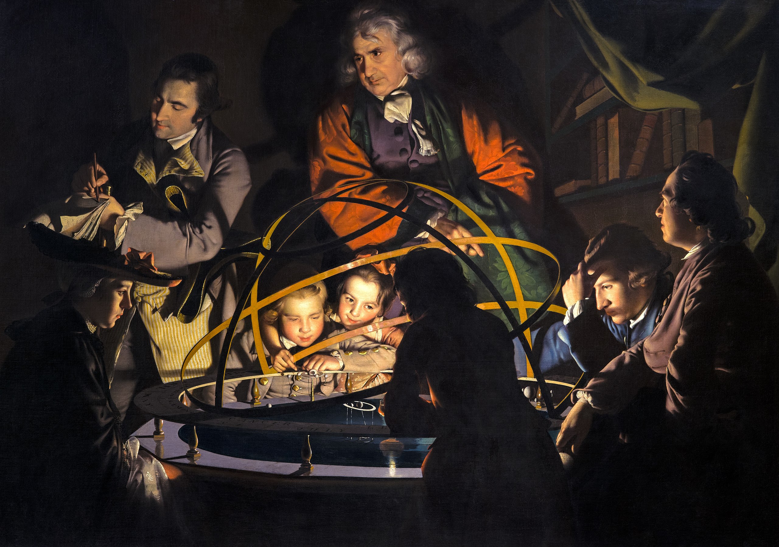 Joseph Wright of Derby, A Philosopher Giving a Lecture at the Orrery, painting depicting a group of people gathered around an armillary sphere, illuminated by a warm light source, highlighting their focused expressions and detailed period clothing. The scene emphasizes scientific inquiry and study, with dark shadows contrasting the bright central elements and a bookshelf partially visible in the background.