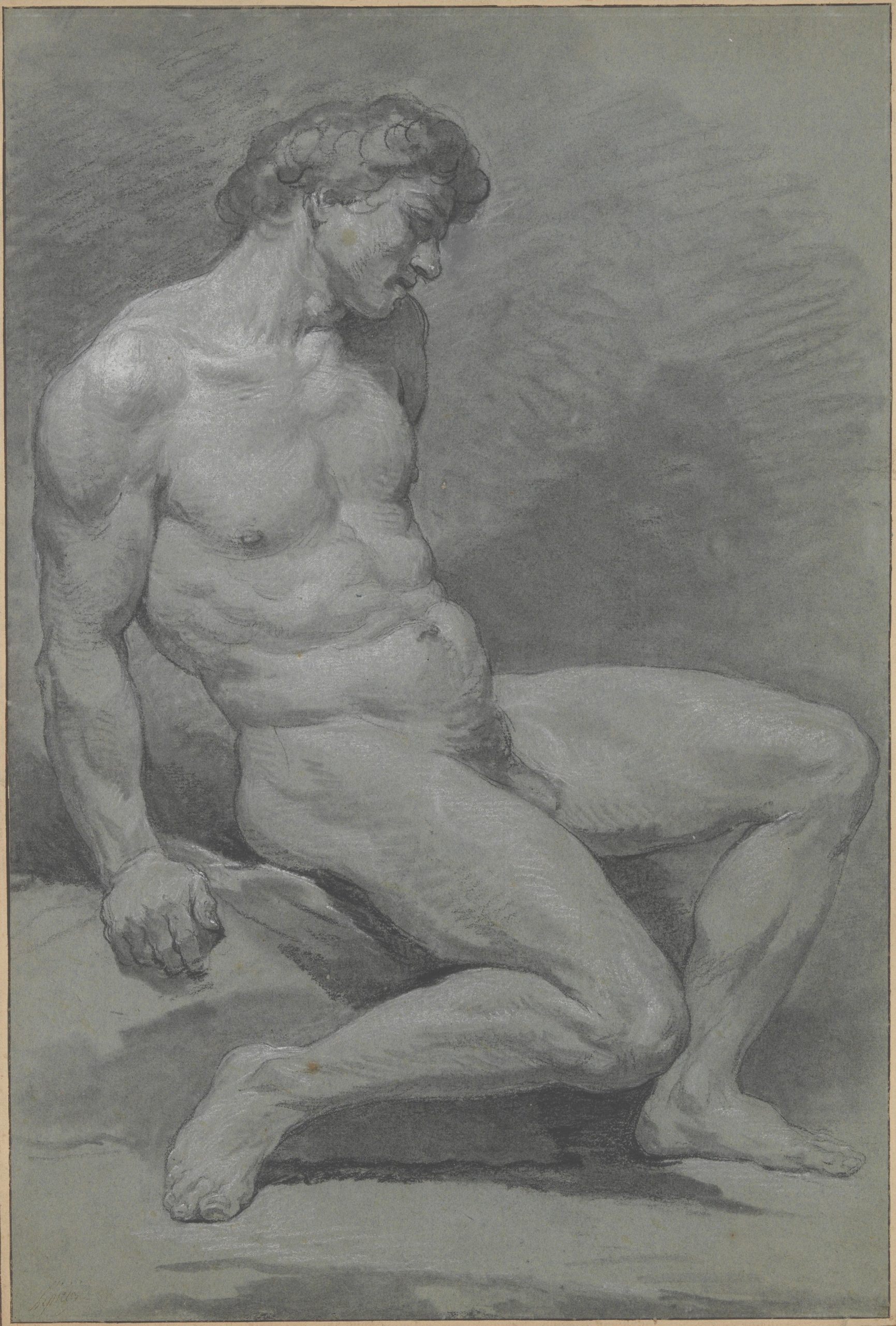 Drawing by Nicolas Bernard Lépicié of a Seated Male Nude Facing Right, rendered in variations of gray. The figure sits on a rock in front of a blank background.