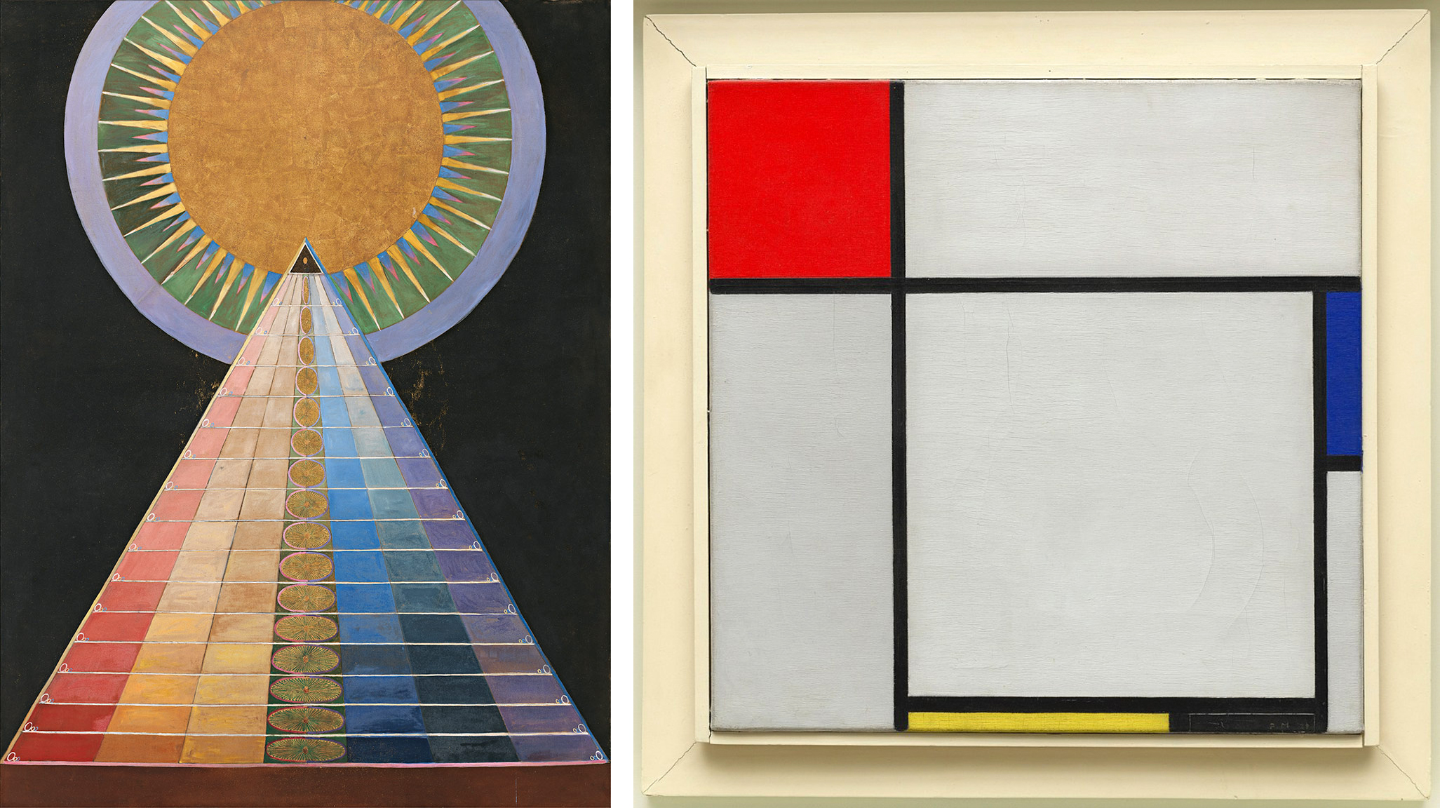 Two abstract paintings are shown side by side: the left features a pyramid with a circular sunburst at the top, displaying a gradient of colors from red to blue against a black background. The right presents a geometric composition with a white background, black grid lines, and primary color blocks in red, blue, and yellow, exemplifying De Stijl style.