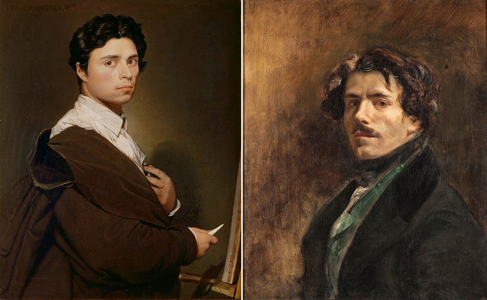 Two side-by-side classical portrait paintings depict young men with serious expressions. The left portrait shows a man in a brown coat holding a paintbrush, while the right portrait features a man with curly hair and a mustache wearing a dark coat and green scarf.