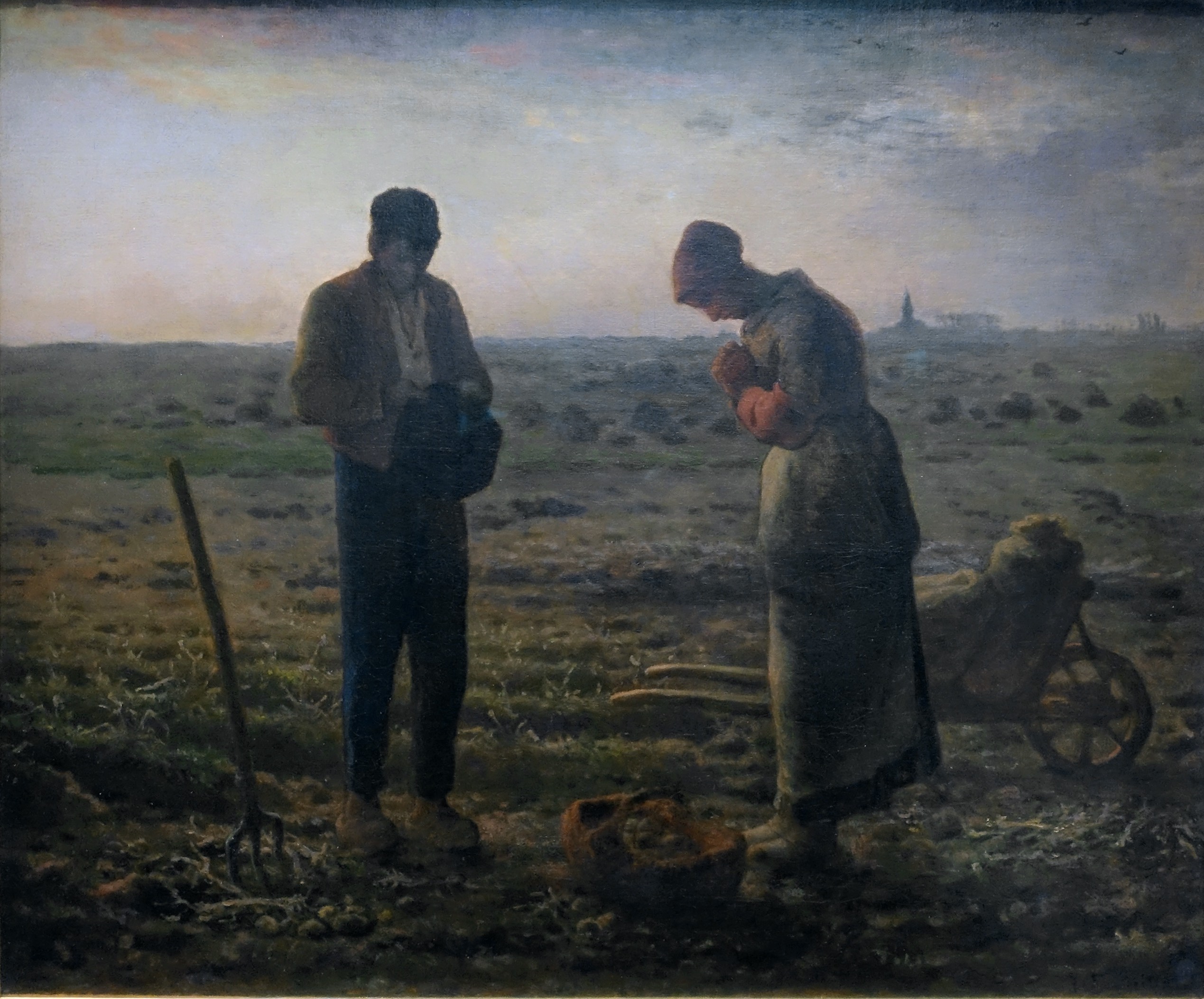 Jean-François Millet, The Angelus, painting depicting two peasants standing in a field during sunset, heads bowed in prayer. Dark earthy tones dominate, with a pitchfork and wheelbarrow visible, emphasizing themes of labor and humility.