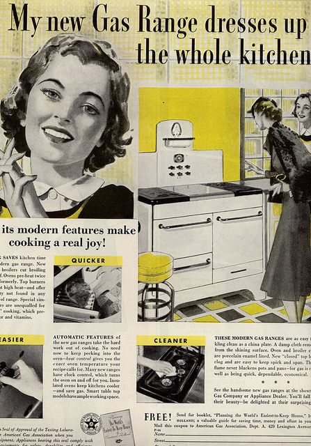 Vintage advertisement featuring a gas range stove, highlighting its modern features that make cooking easier, quicker, and cleaner. The ad includes images of the stove with labeled benefits such as automatic features, easy cleaning, and time-saving cooking, alongside a smiling woman and a kitchen setting with yellow and black accents.
