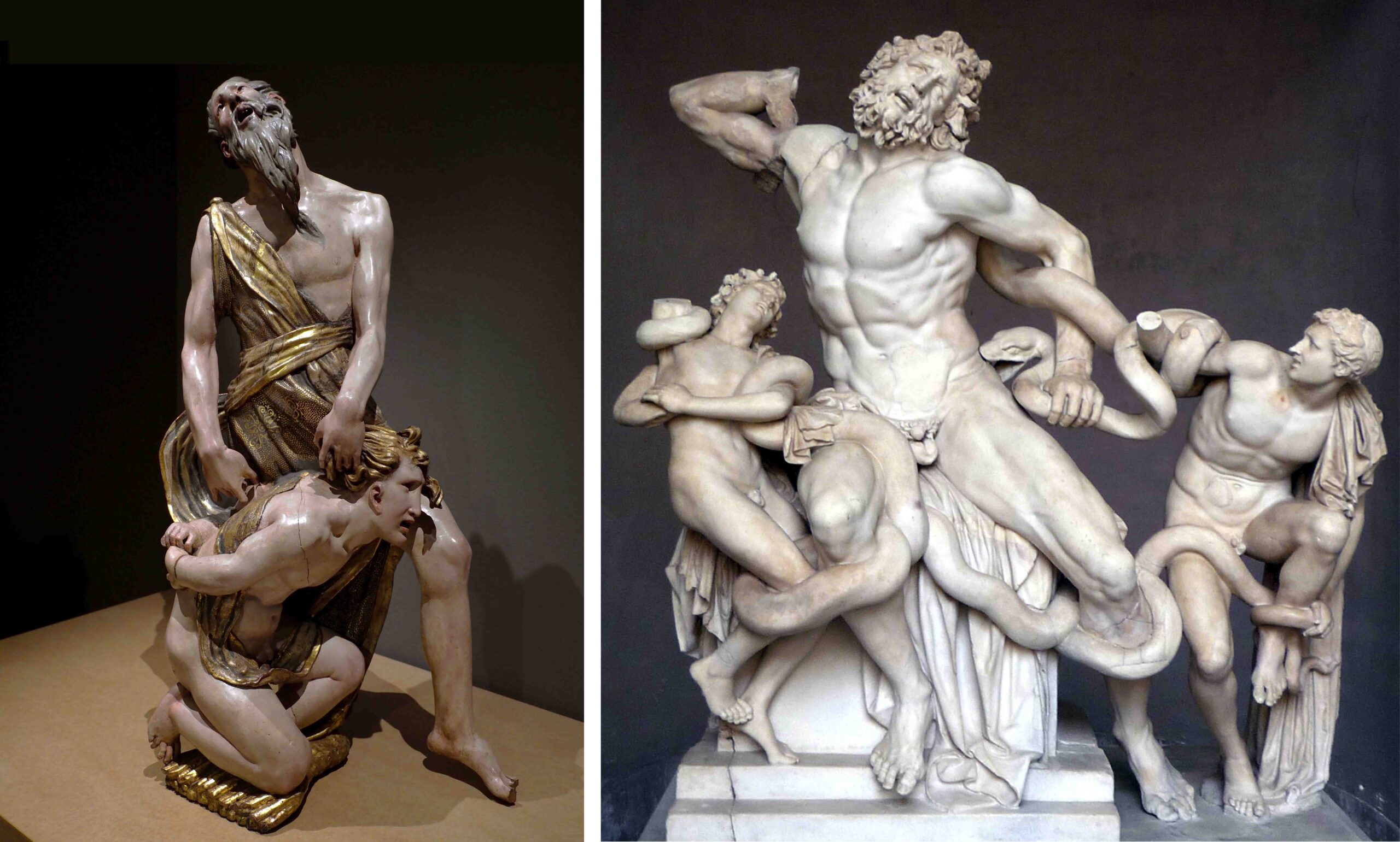 Photograph of two classical sculptures depicting mythological scenes with human figures entwined by serpents. Left sculpture features two figures with one standing and the other crouching, both with painted details, while right sculpture shows a muscular central figure struggling against multiple serpents, carved in white marble.