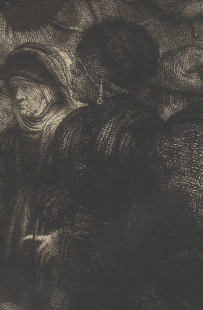 Detail, Rembrandt, The Hundred Guilder Print, a detailed black and white drawing depicting a group of people in close proximity, focusing on a central figure wearing a hat and an earring. The artwork uses intricate shading and cross-hatching techniques to create depth and texture, emphasizing facial expressions and clothing details.