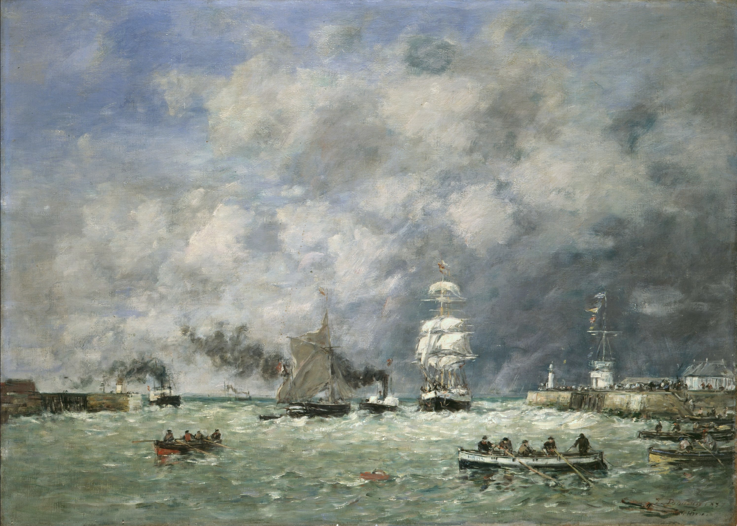 A maritime painting depicting several sailing and rowboats on choppy waters near a harbor under a cloudy sky. The scene features detailed ships with billowing sails, smoke from steam vessels, and figures rowing, capturing dynamic movement and atmospheric weather conditions.