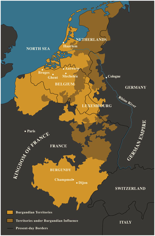 Map showing Burgundian territories and areas under Burgundian influence in parts of present-day France, Belgium, Luxembourg, and the Netherlands, highlighted in two shades of brown. Key cities like Paris, Dijon, Antwerp, and Cologne are labeled, with present-day borders and neighboring countries such as Germany, Switzerland, and Italy marked for geographic context.