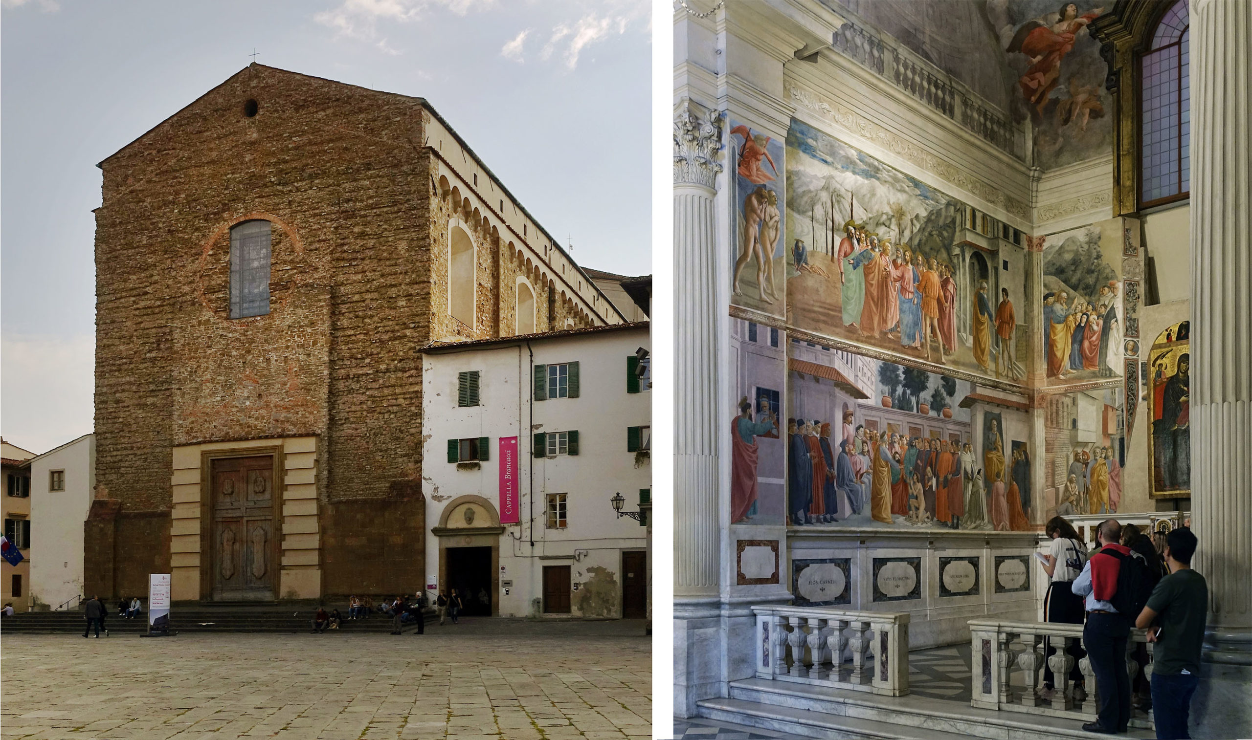 Photograph showing exterior and interior views of a historic church. Exterior features a large brick facade with a simple rectangular shape, while interior displays colorful Renaissance frescoes with visitors observing artwork behind a marble balustrade.