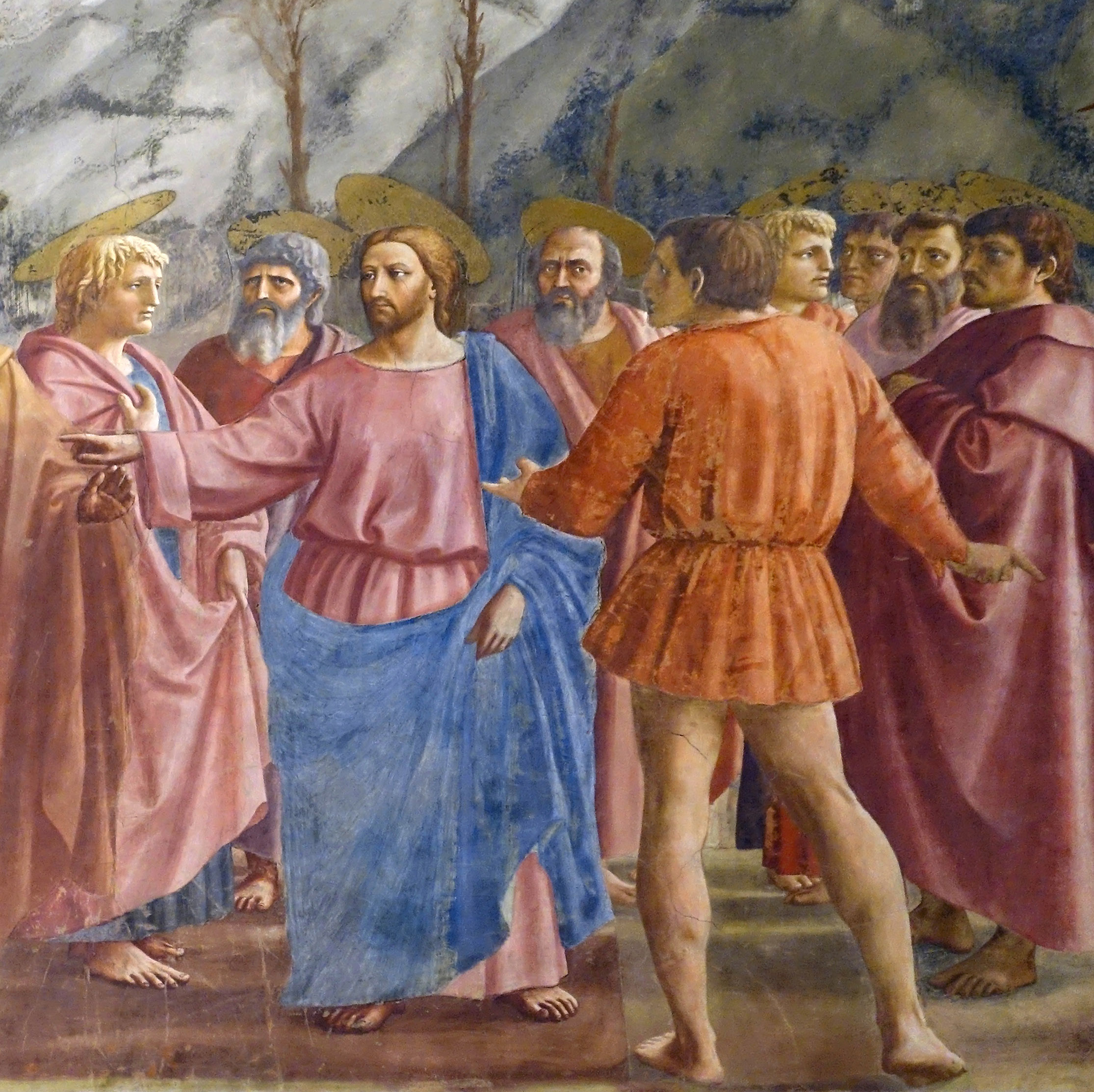 A Renaissance-style painting depicting a group of men engaged in conversation, dressed in flowing robes and tunics with varied colors including pink, blue, orange, and red. The scene features detailed facial expressions and gestures, set against a natural background with trees and a cloudy sky.