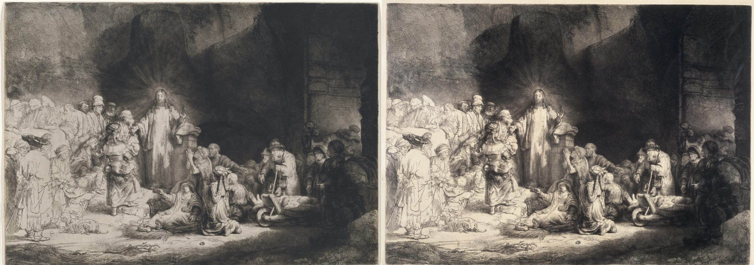 A side-by-side comparison of two black-and-white etchings depicting a biblical scene with a central illuminated figure surrounded by a crowd, likely representing a moment of healing or teaching. Both etchings feature intricate details, contrasting light and shadow, and similar compositions, highlighting subtle differences in shading and figure positioning.