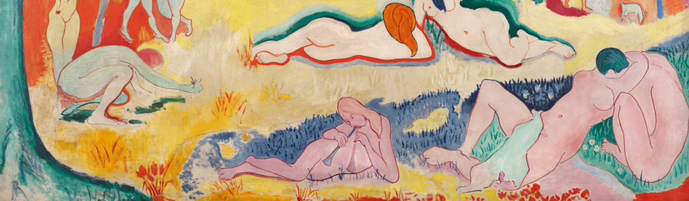 Figures in the foreground (detail), Henri Matisse, Bonheur de Vivre (Joy of Life), Outdoor landscape scene featuring several groupings of nude human figure with, some relaxing on the ground. The work uses bold colors of orange, yellow, green, and blue applied non-naturalistically to the canvas surface