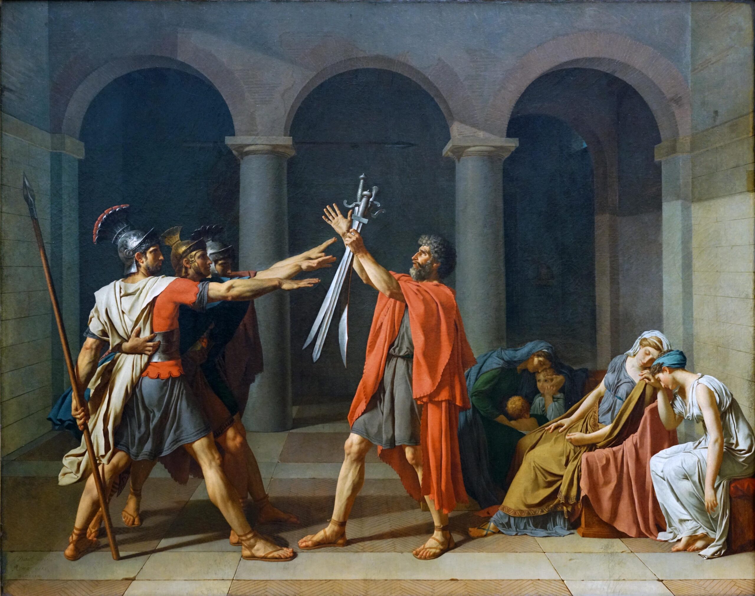 David, Oath of the Horatii painting depicts a group of ancient soldiers swearing an oath by raising swords, symbolizing loyalty and unity. Scene features classical architecture with arches and columns, soldiers in armor on left, and distressed women seated on right.