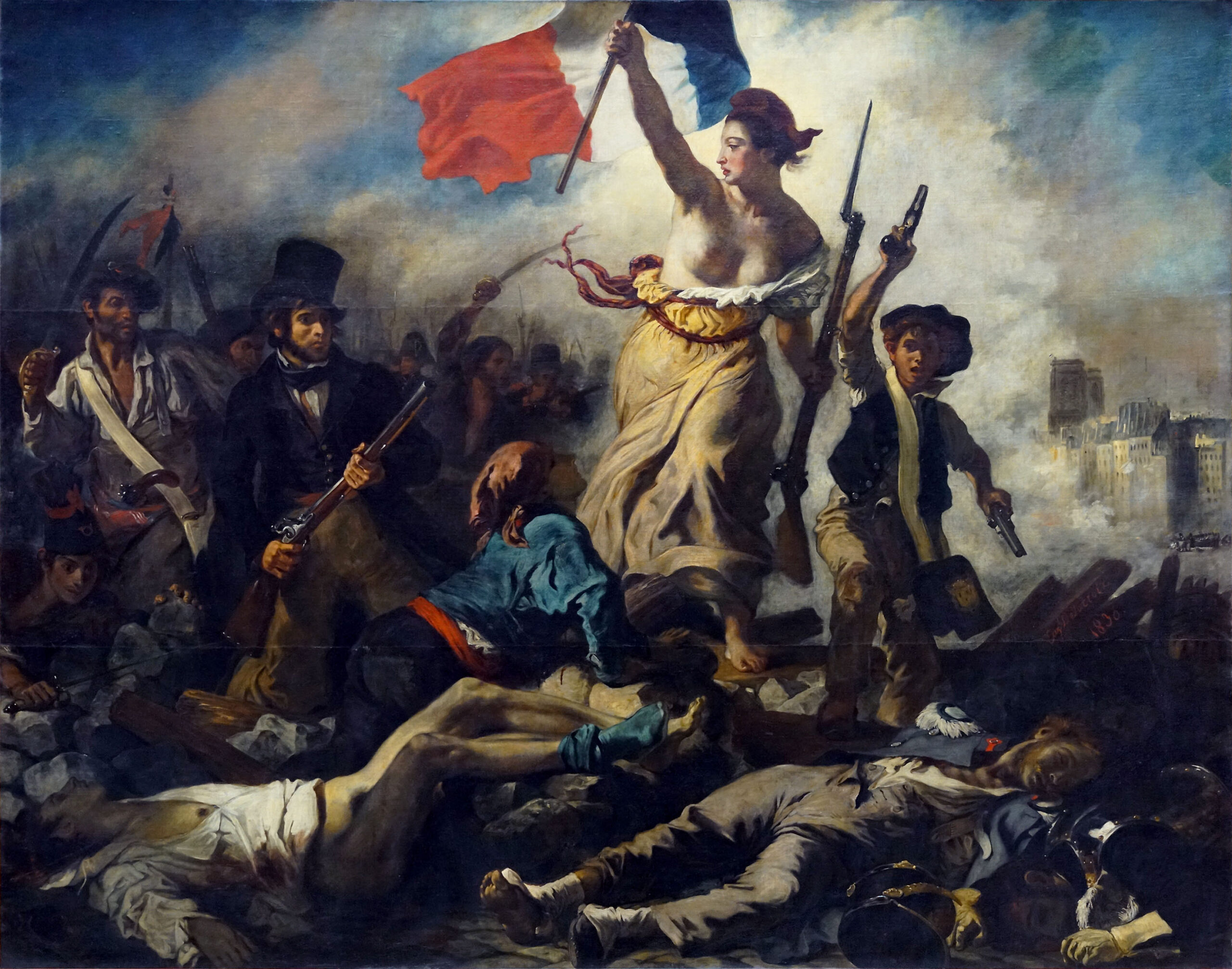 Delacroix, Liberty Leading the People (July 28, 1830) painting depicting a dramatic revolutionary scene with a central female figure holding a French flag, leading a diverse group of fighters over fallen bodies. The composition features dynamic poses, dark and muted colors contrasted with the bright flag, and a smoky, chaotic background symbolizing struggle and uprising.